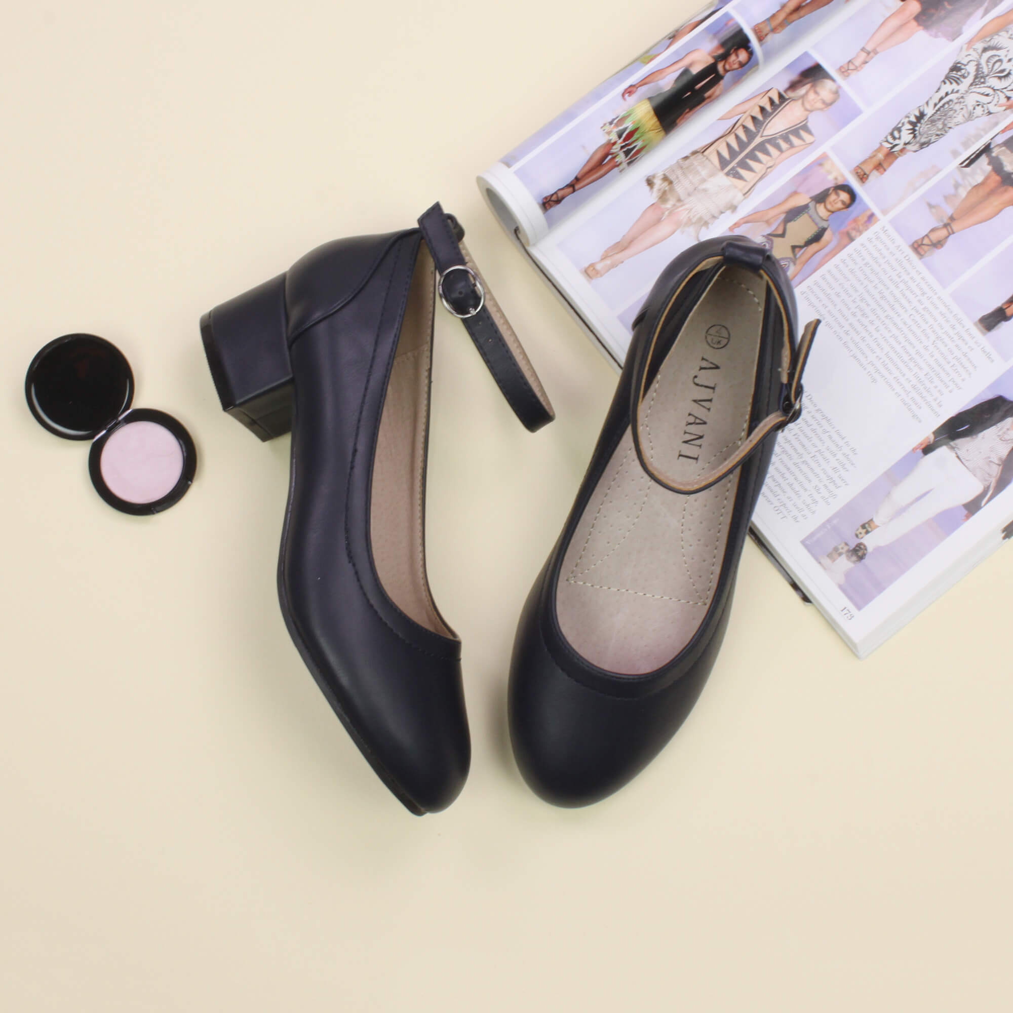 Navy Blue AJVANI Navy Blue Low Block Heel Ankle Strap Court Shoes, Image 4 of 6