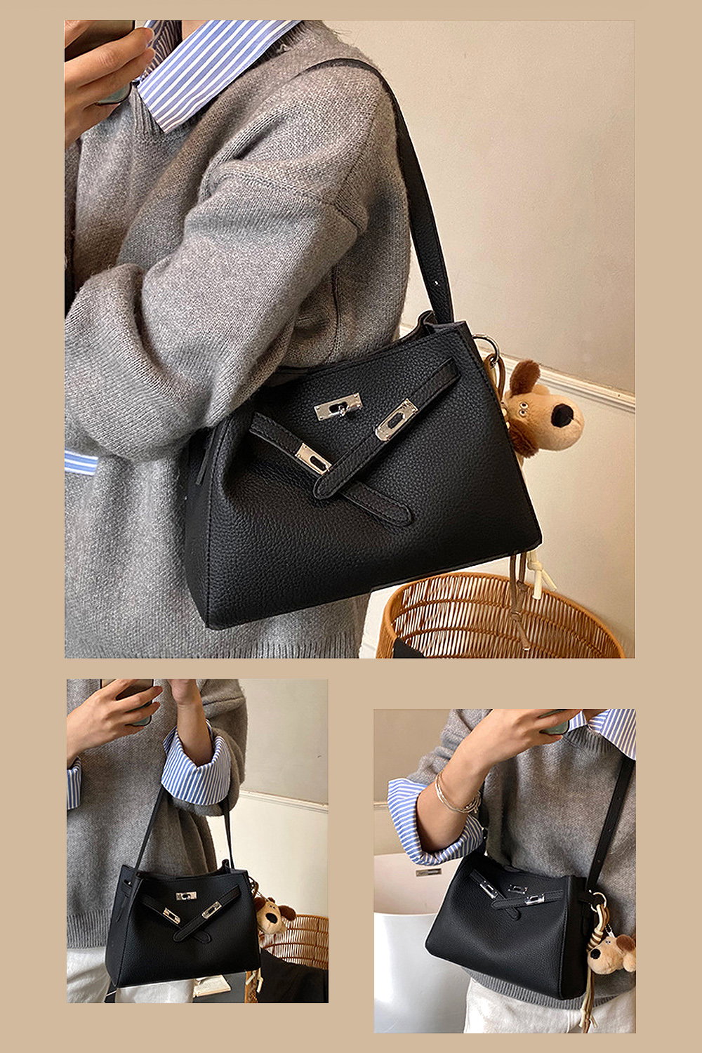 Black 'Lux' Women's Belted Shoulder Tote Bag With Charm