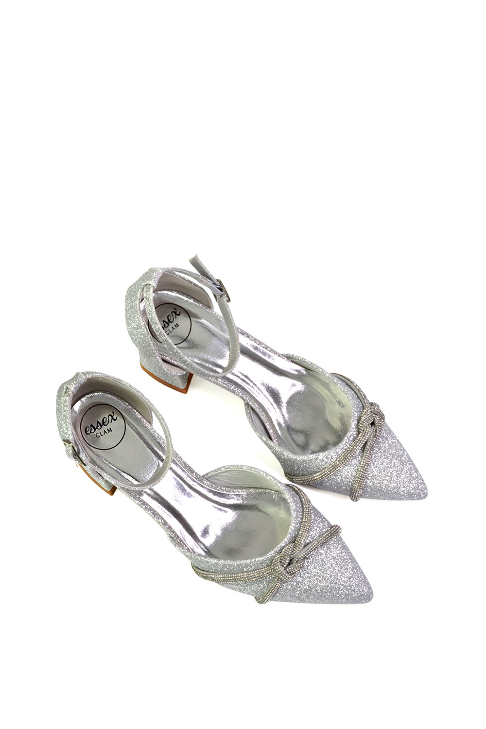 Silver 'Sarah' Ankle Strap Pointed Toe Diamante Mid Block Heels, Image 4 of 5