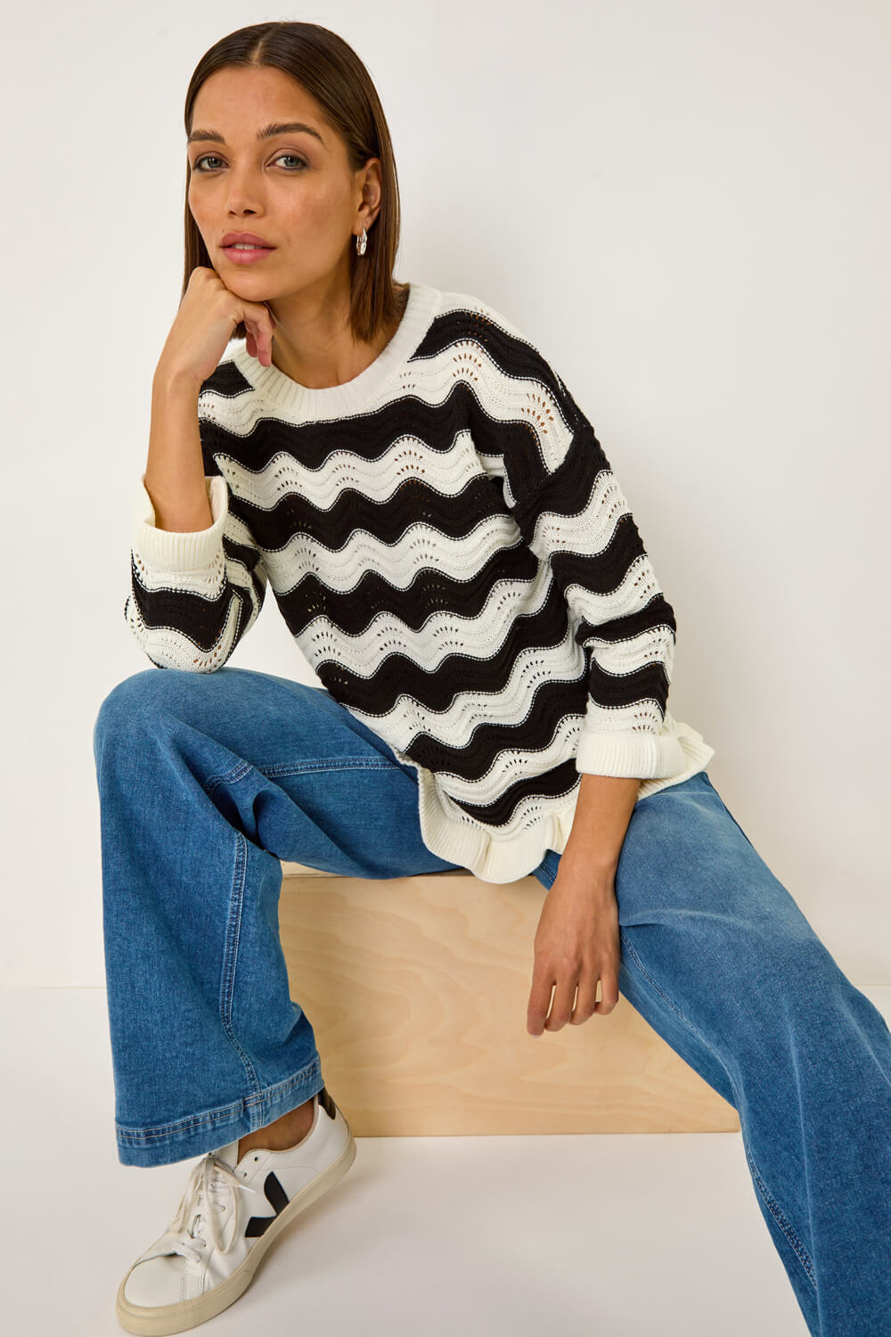 Black Wave Stitch Hem Knit Jumper, Image 1 of 5