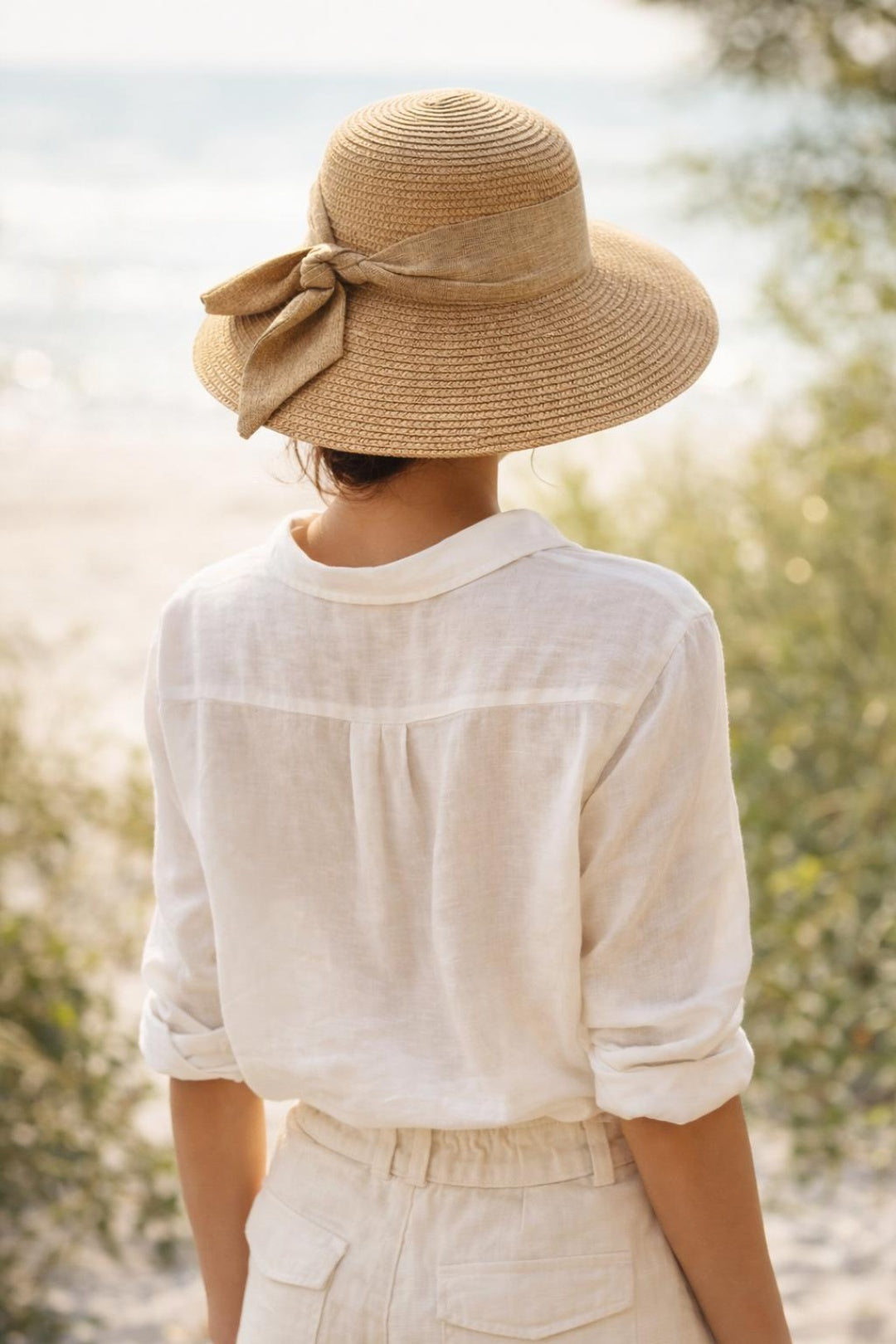 Beige Elegant Wide Brim Straw Sun Hat with Bow, Image 1 of 4