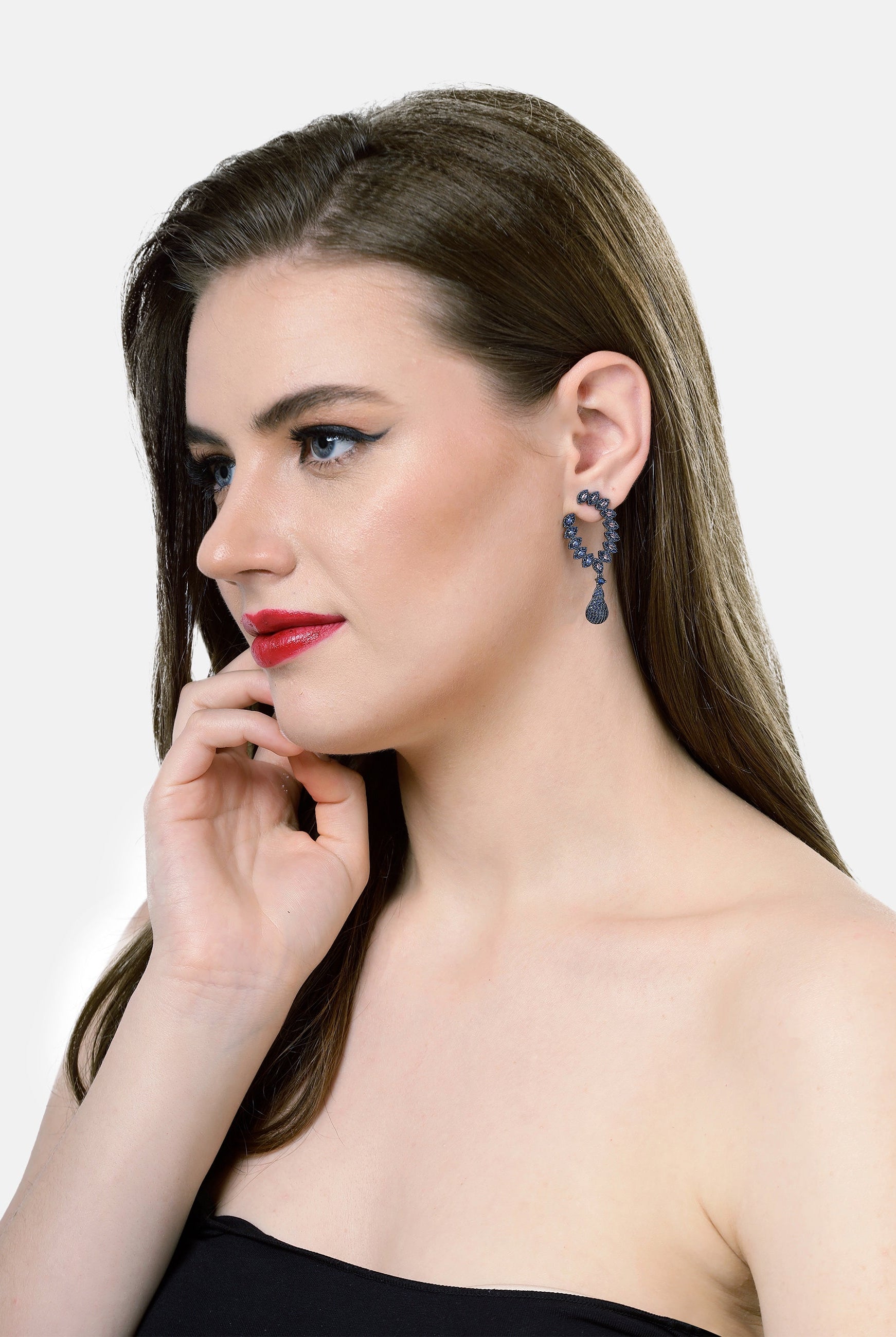 Navy Blue Delicate Leaf Drop Earrings, Image 4 of 4