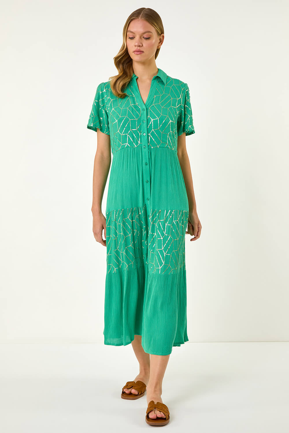 Jade V-Neck Sequin Button Midi Dress, Image 4 of 5