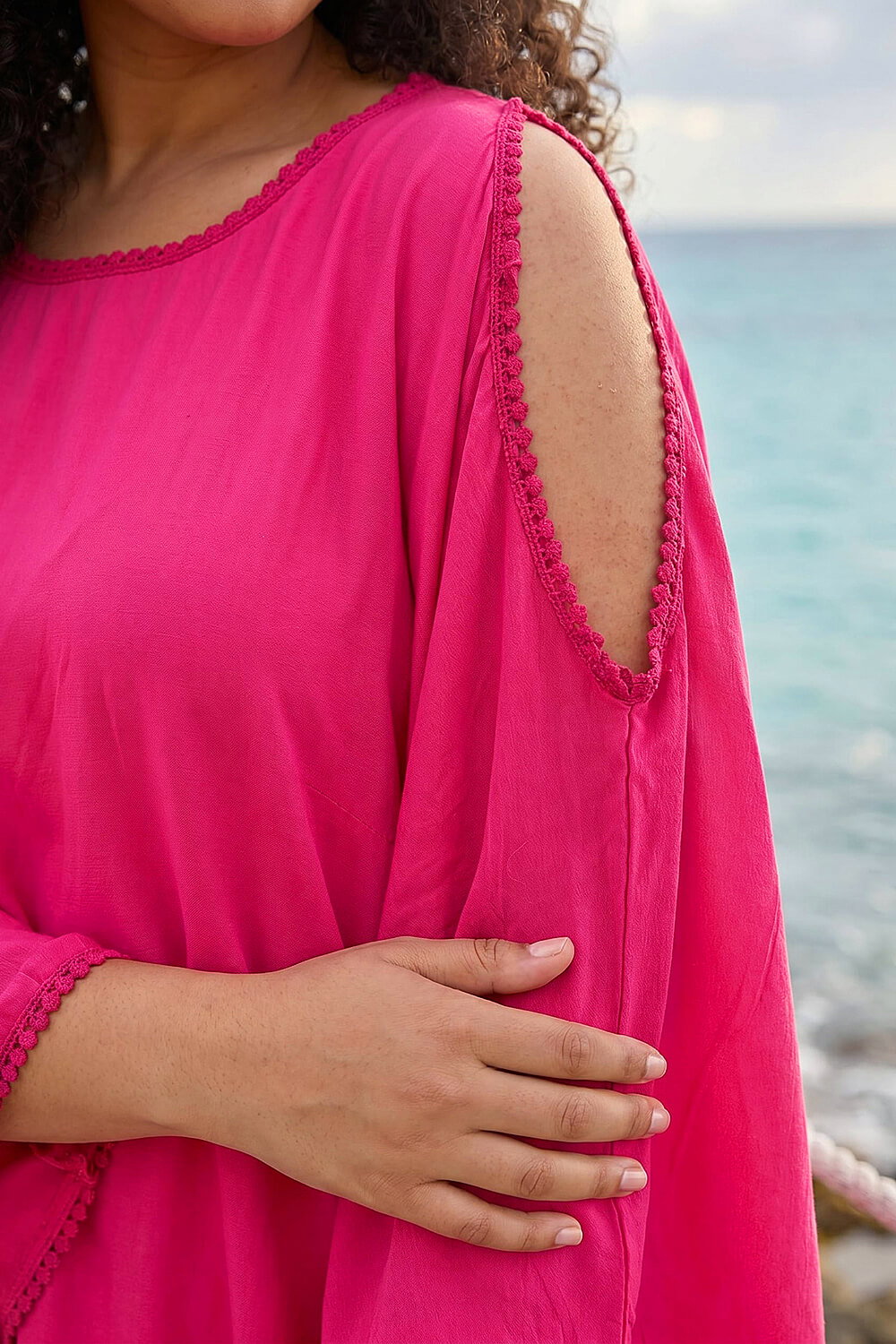 Fuchsia Curve Bobble Trim Hanky Hem Top, Image 5 of 4