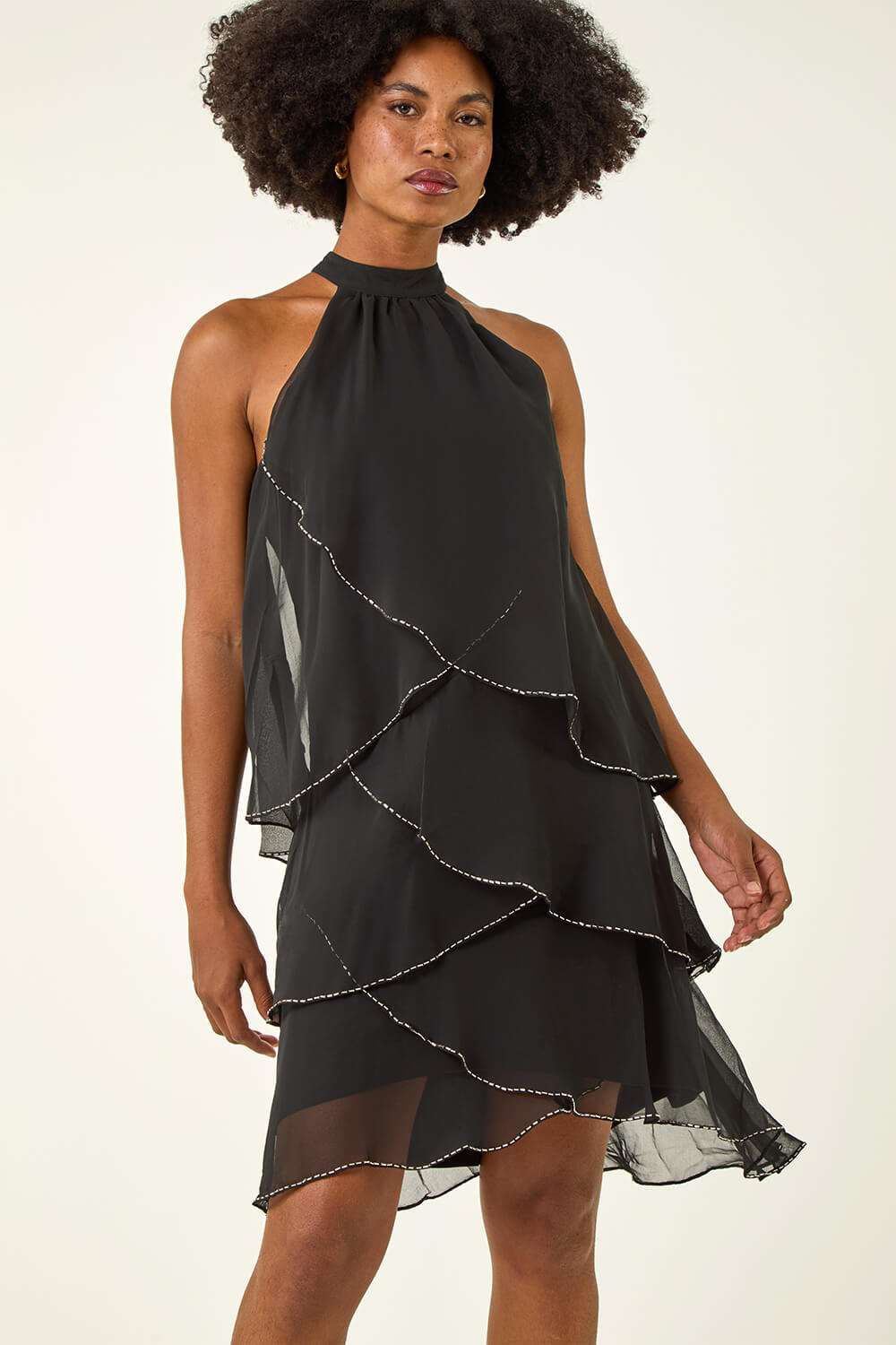 Black Sequin Trim Tiered Halterneck Dress, Image 5 of 5