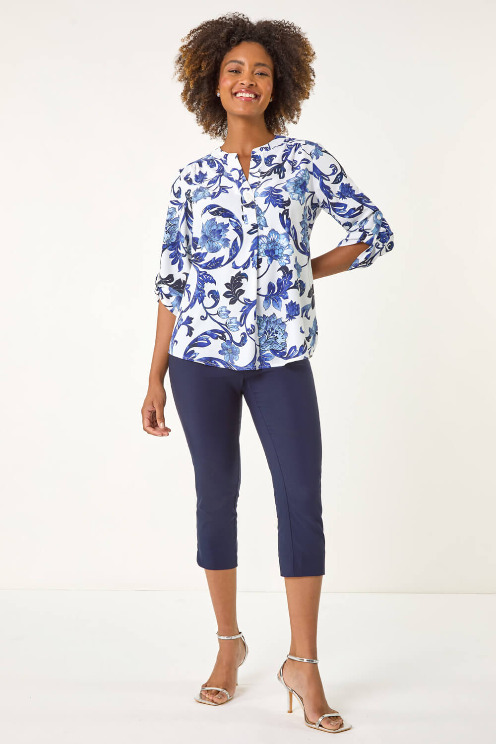 Blue Floral Print Gathered Blouse, Image 3 of 5