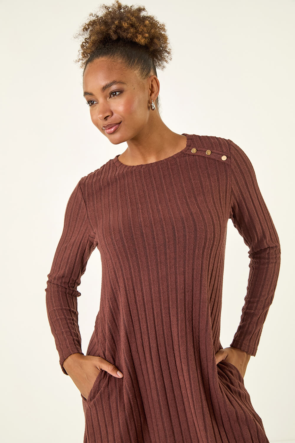 Chocolate Textured Ribbed Swing Dress, Image 5 of 5