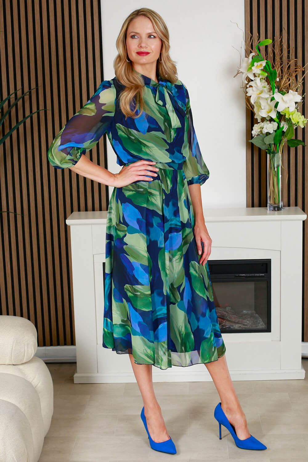 Navy Julianna Printed Chiffon Bow Midi Dress, Image 5 of 4