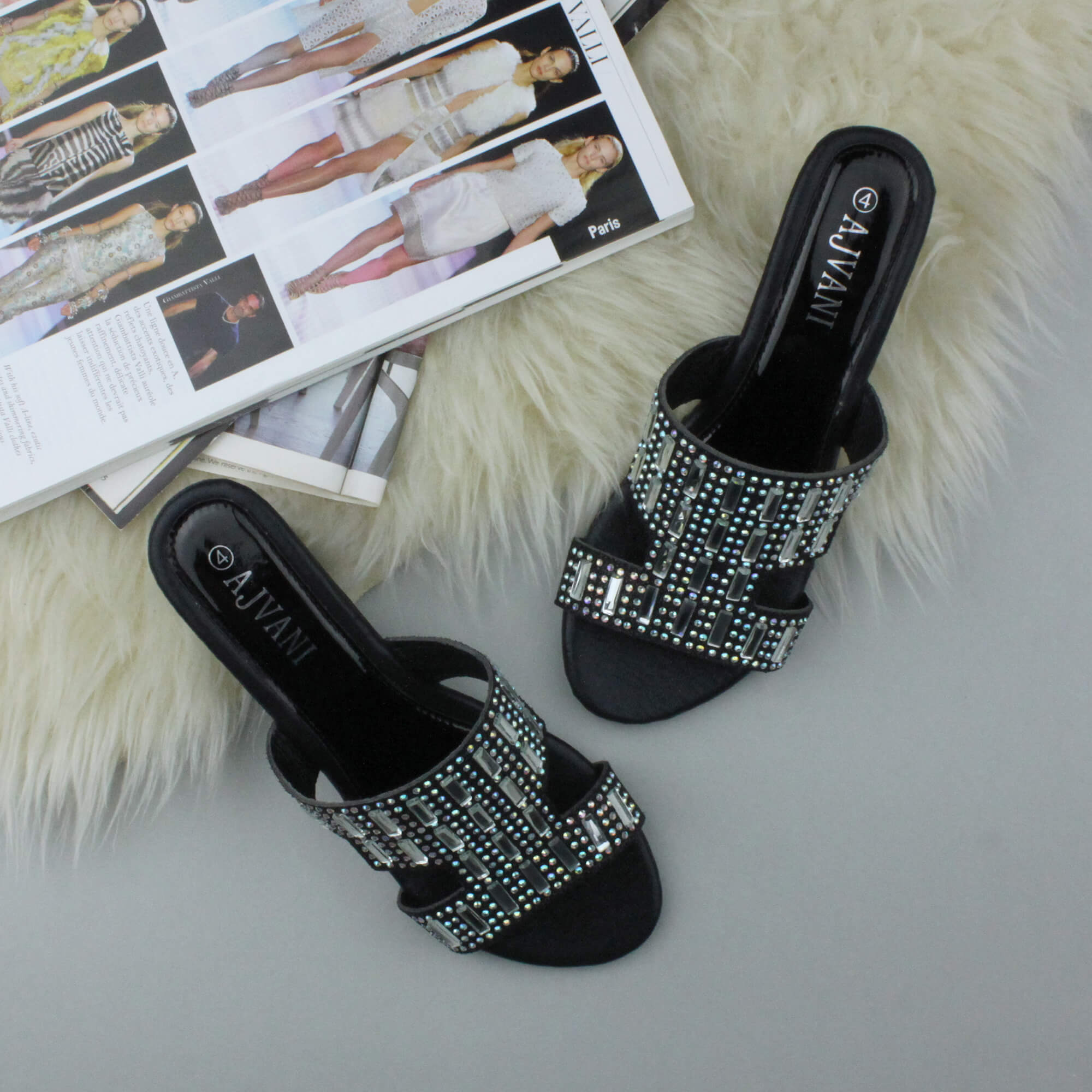 Black Low Wedge Heel Diamante Sandals Mules, Image 4 of 6