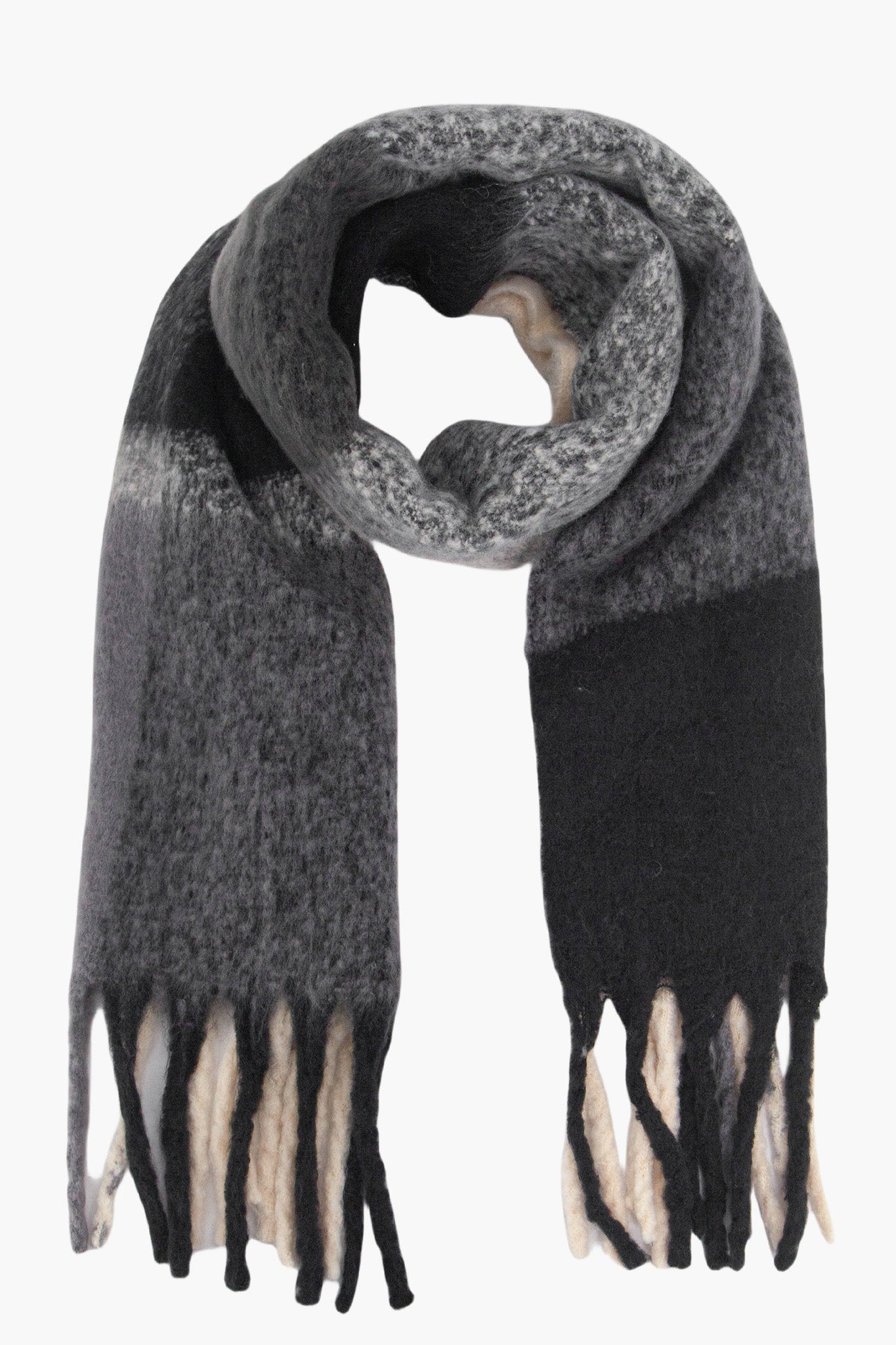 Black Colour Block Tassel Heavyweight Winter Scarf, Image 1 of 3