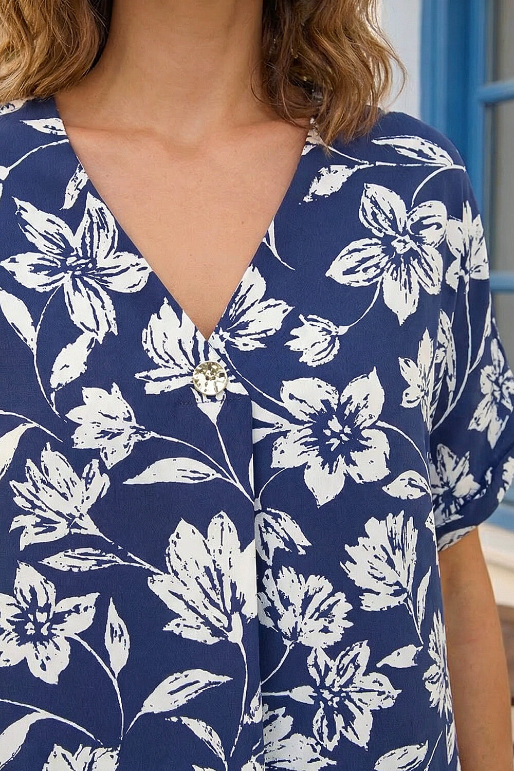 Navy Petite Floral Print Button Top, Image 5 of 4