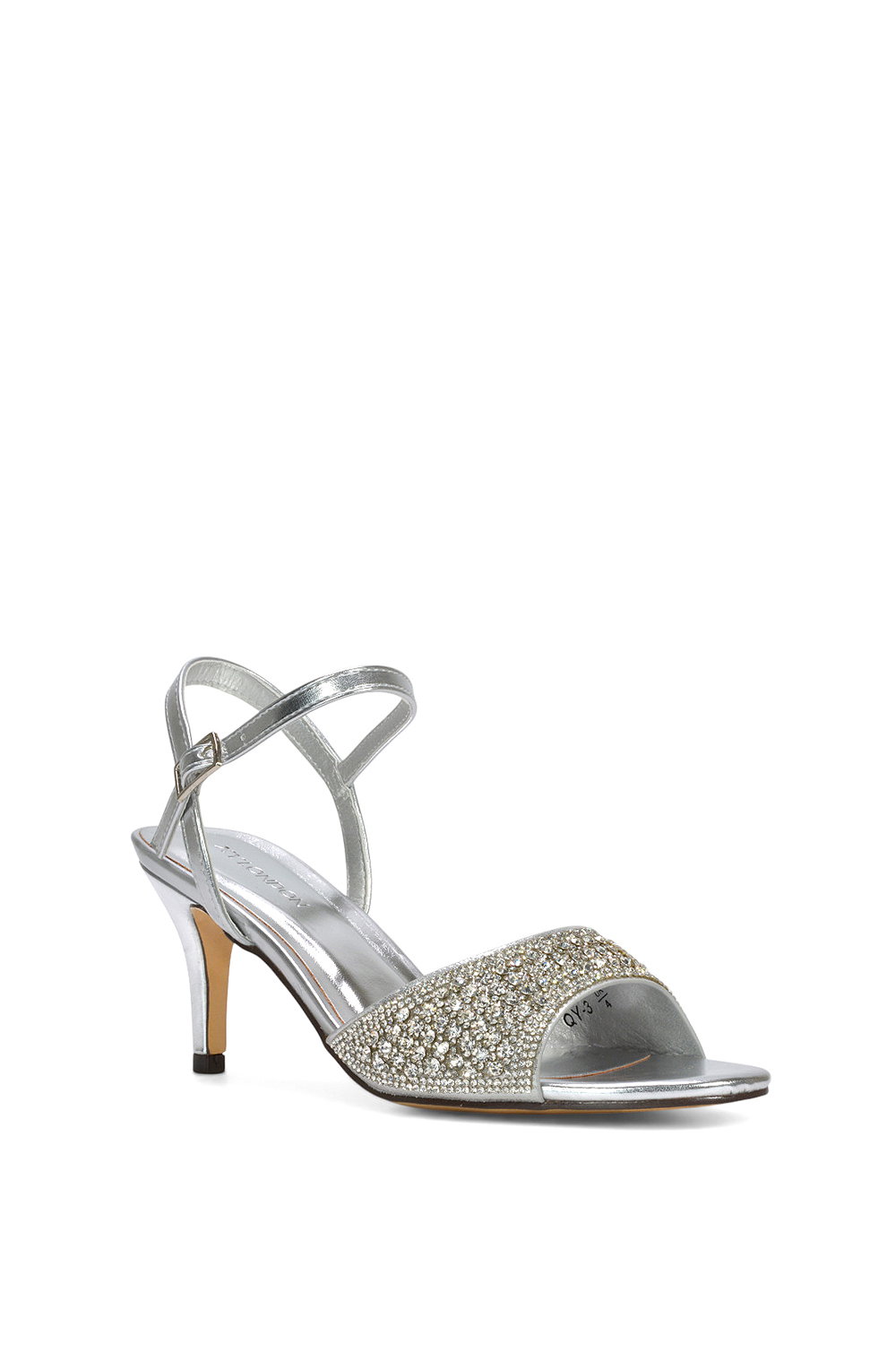 Silver 'Kim' Ankle Strap Mid Stiletto Peep Toe Diamante Sparkly Heels, Image 2 of 6