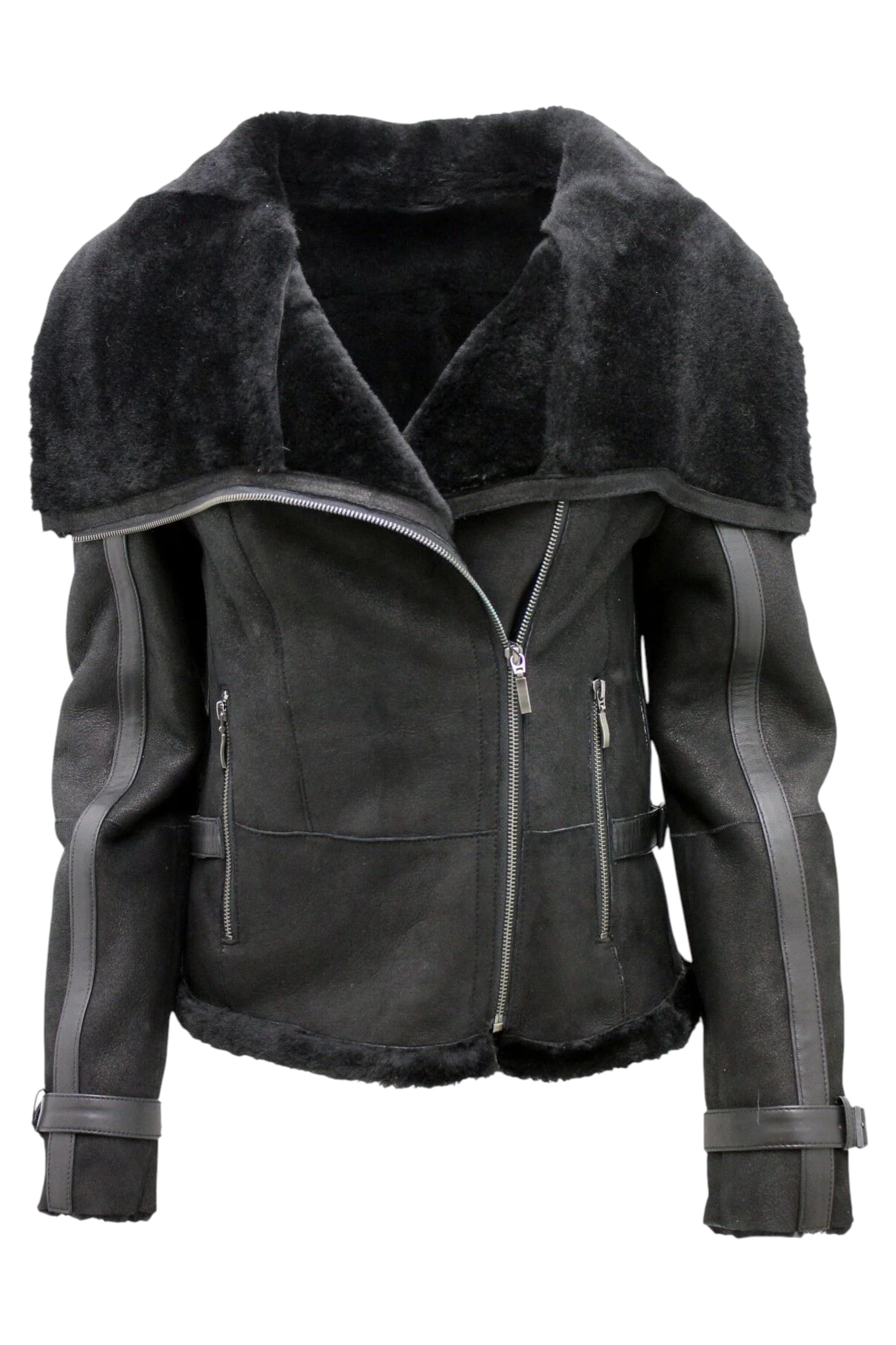 Black Merino Sheepskin Aviator Leather Jacket, Image 2 of 6