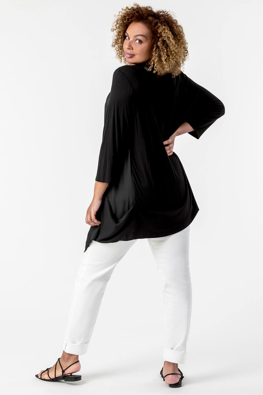 Black Curve Woven Front Jersey Cardigan, Image 3 of 4