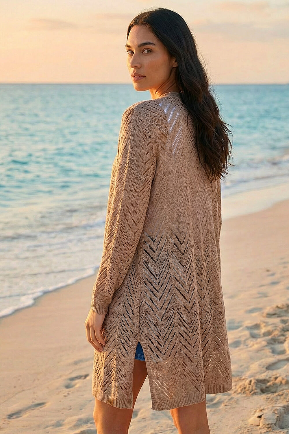Taupe Knitted Longline Cardigan, Image 4 of 4