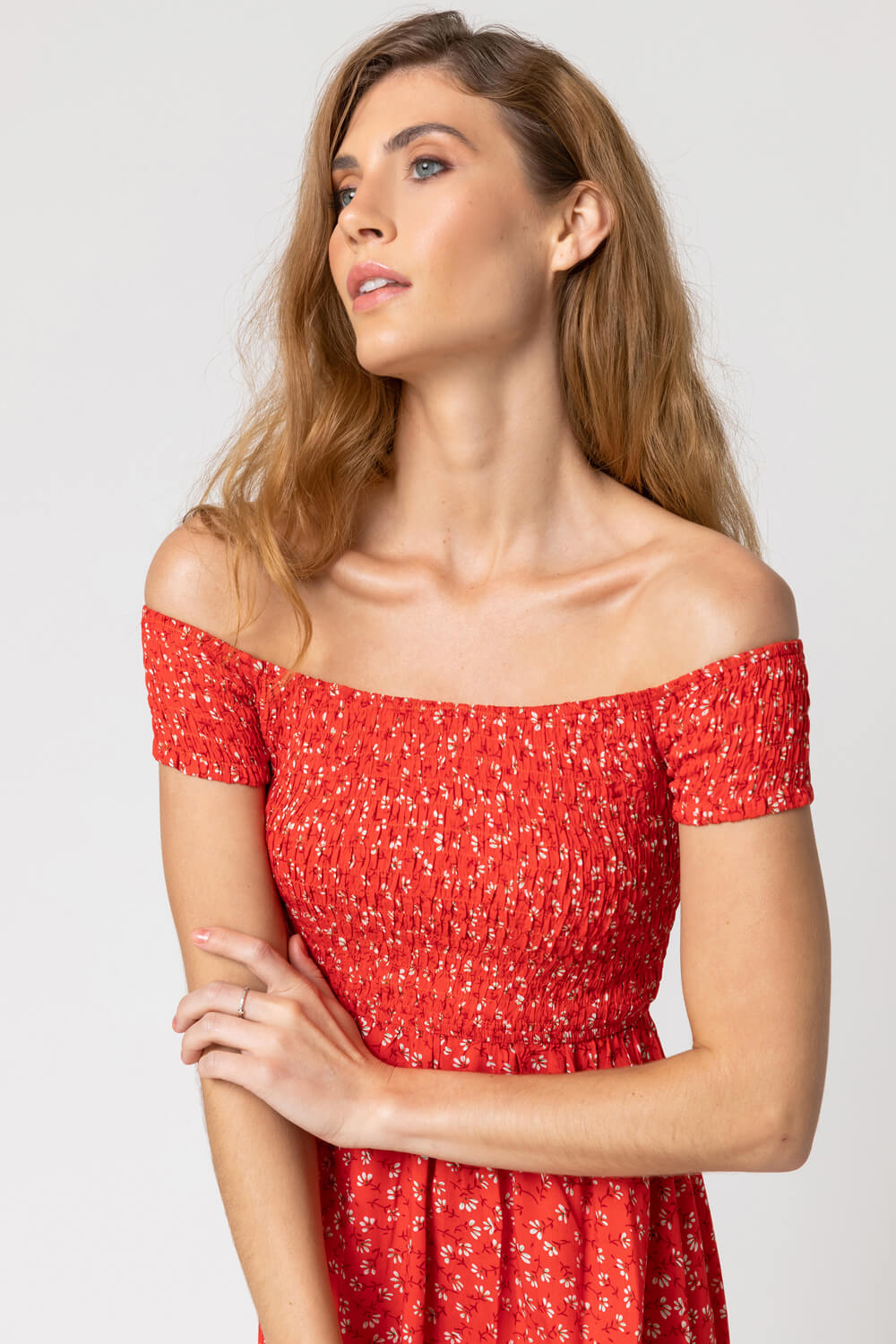 red ditsy print bardot frill hem skater dress Red Ditsy Fit And Flare Dress Mini