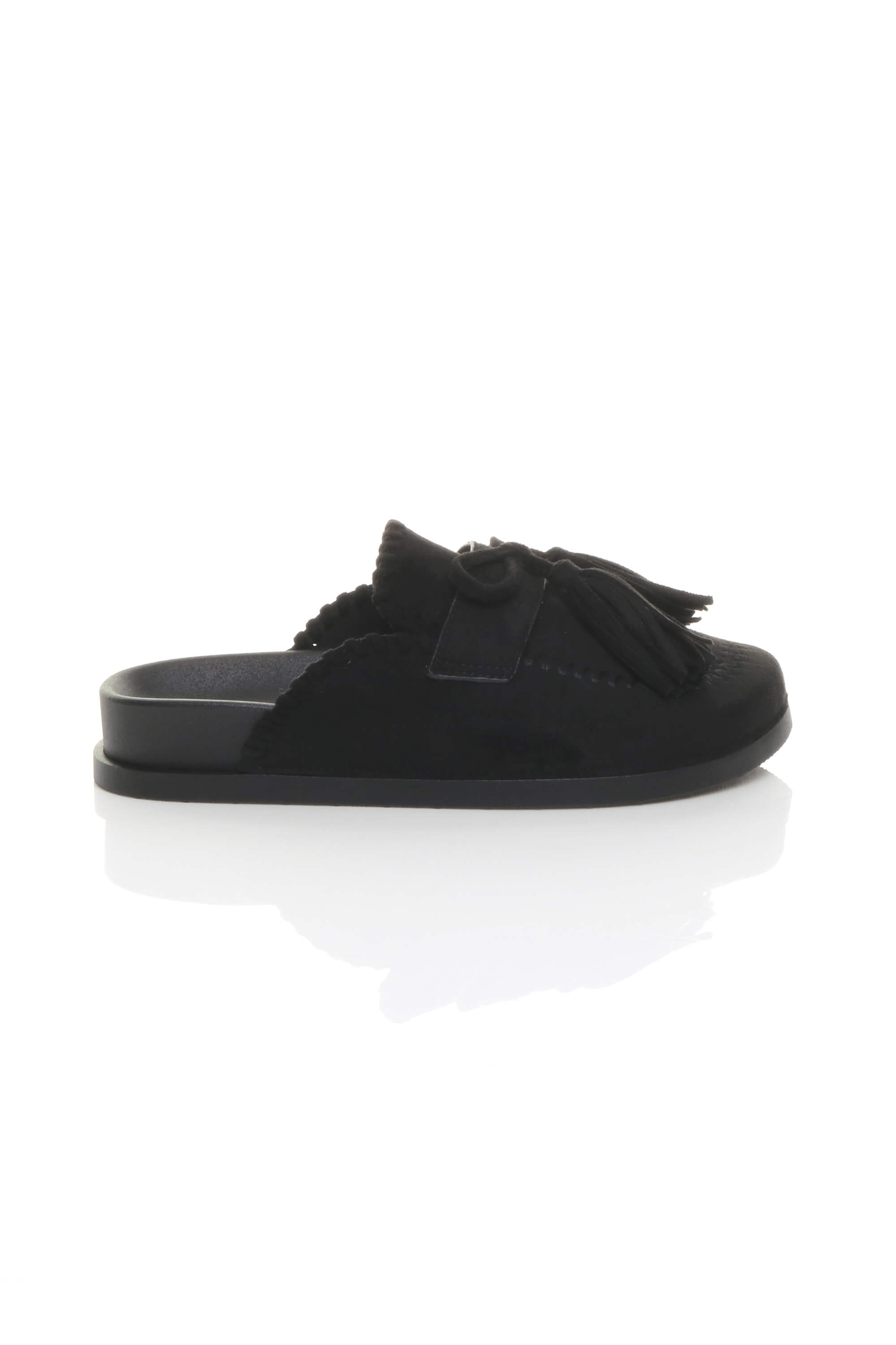 Black Flat Tassel Moccasin Mules Sandals Sliders, Image 2 of 4