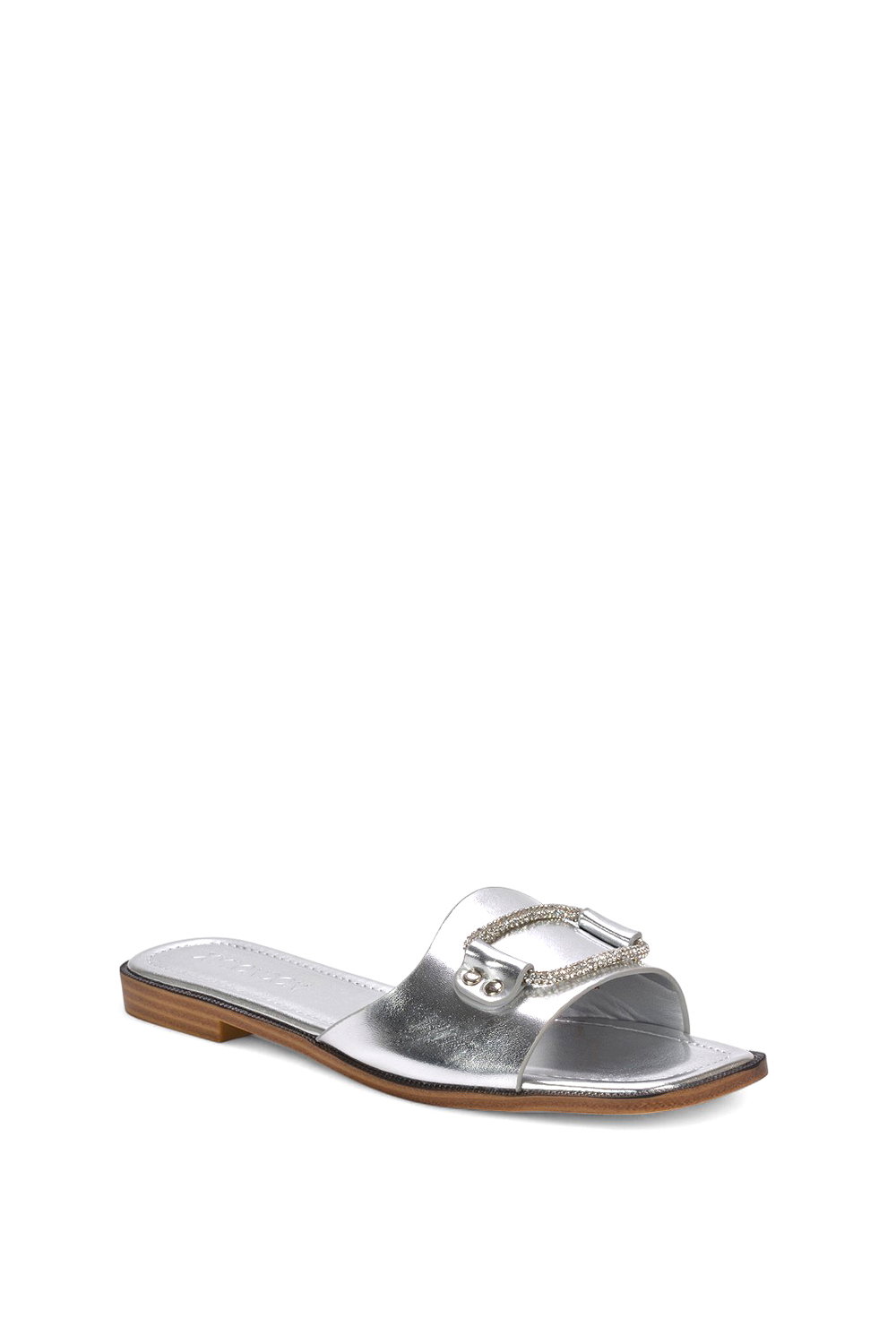 Silver XY LONDON Silver 'Annie' Sparkly Diamante Slip On Flat Slider Mule Sandals, Image 2 of 5