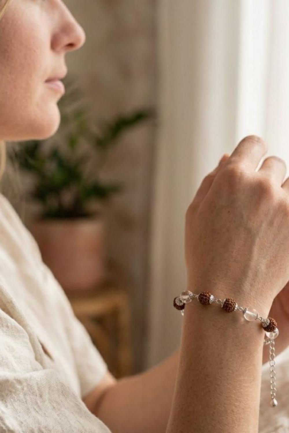 Brown Rudraksha and Crystal Quartz Bracelet, Image 3 of 3