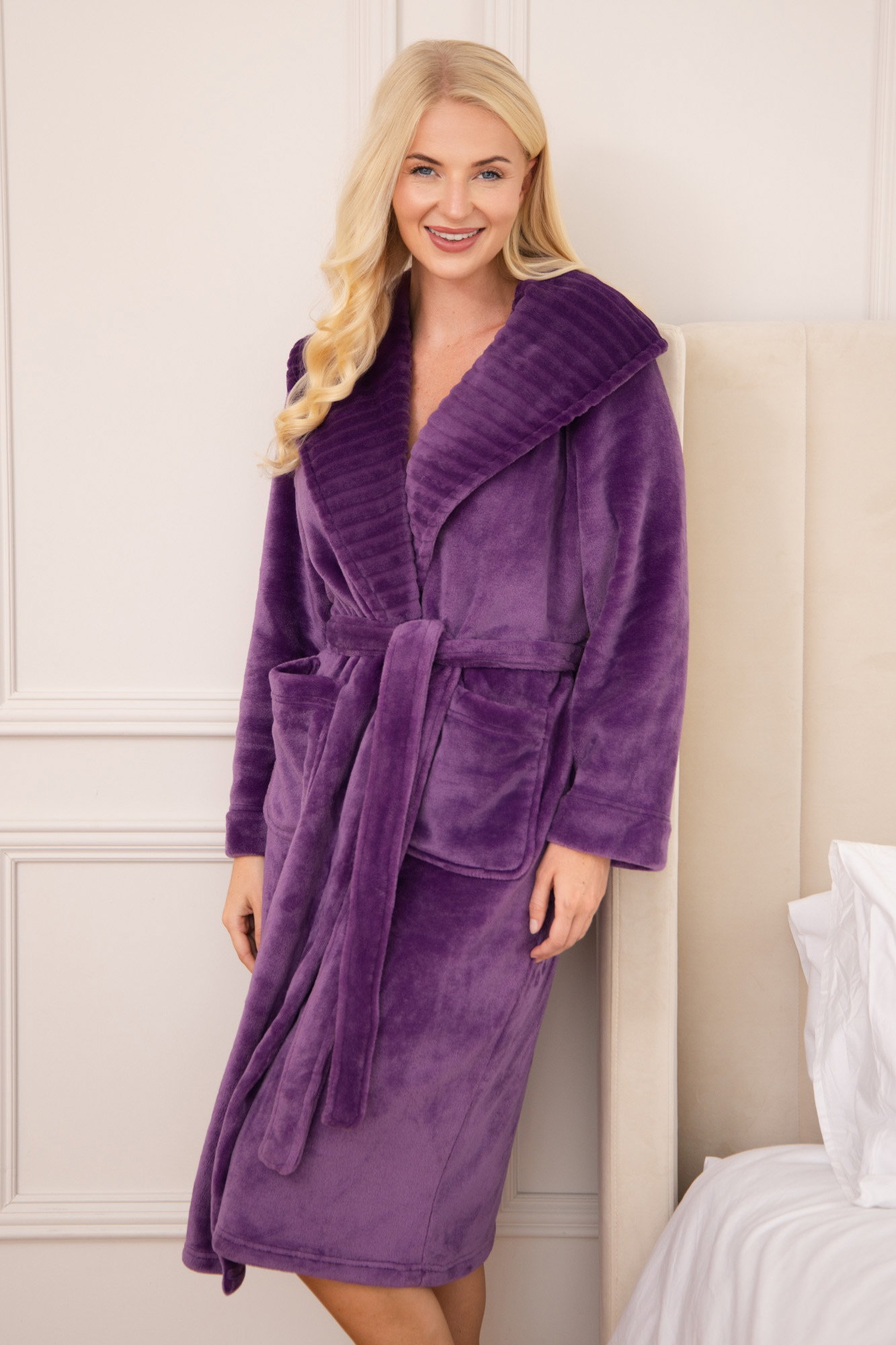 Purple Camille Lingerie Purple Supersoft Fleece Ribbed Collar Robe, Image 2 of 7