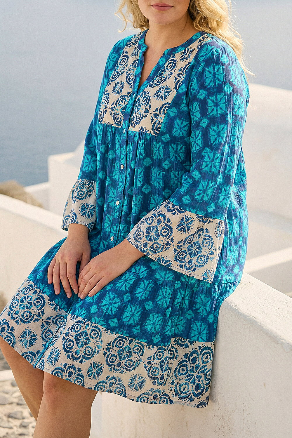 Blue Curve Contrast Print V-Neck Midi Dress, Image 5 of 4