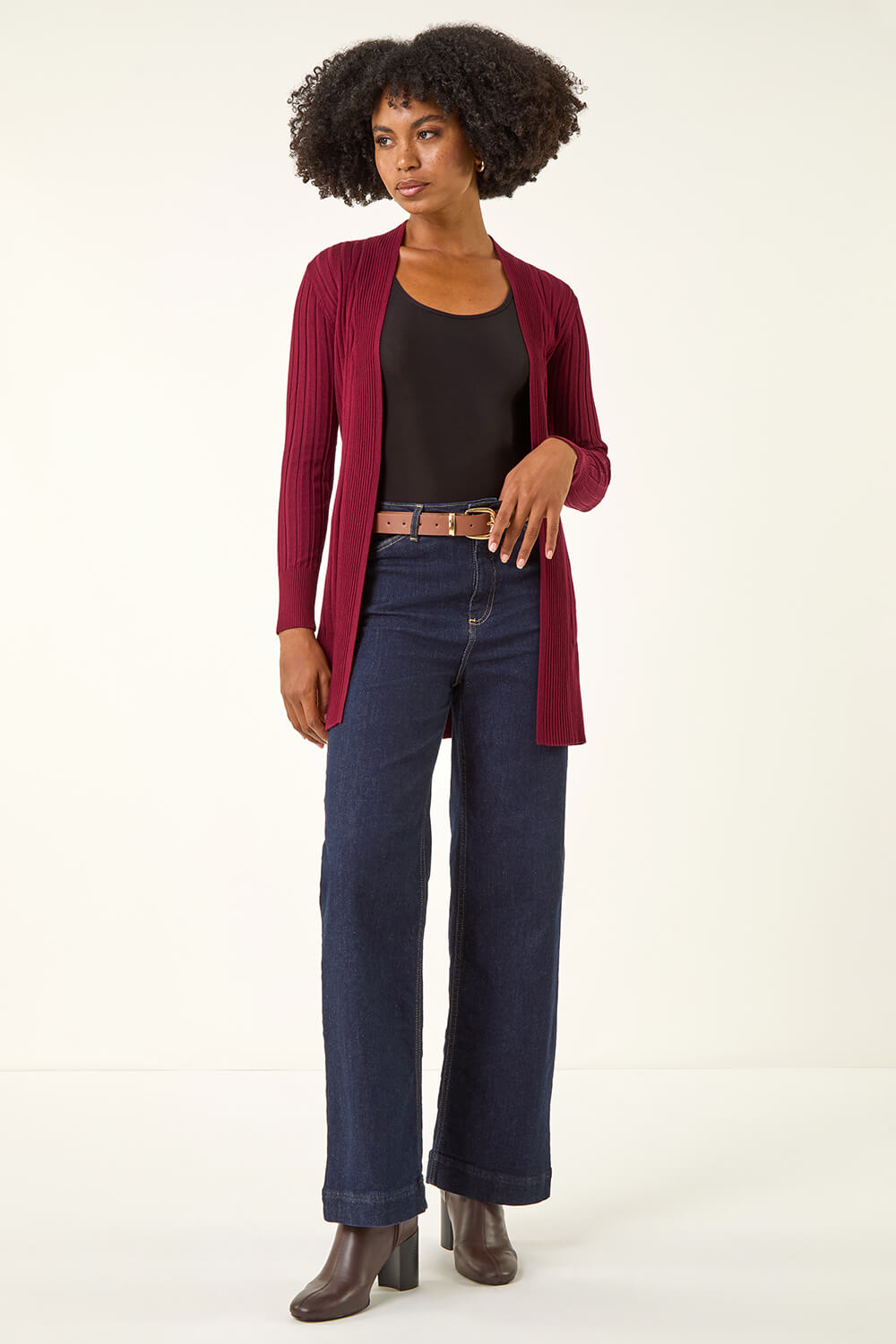 Wine Longline Stretch Ribbed Cardigan, Image 3 of 5