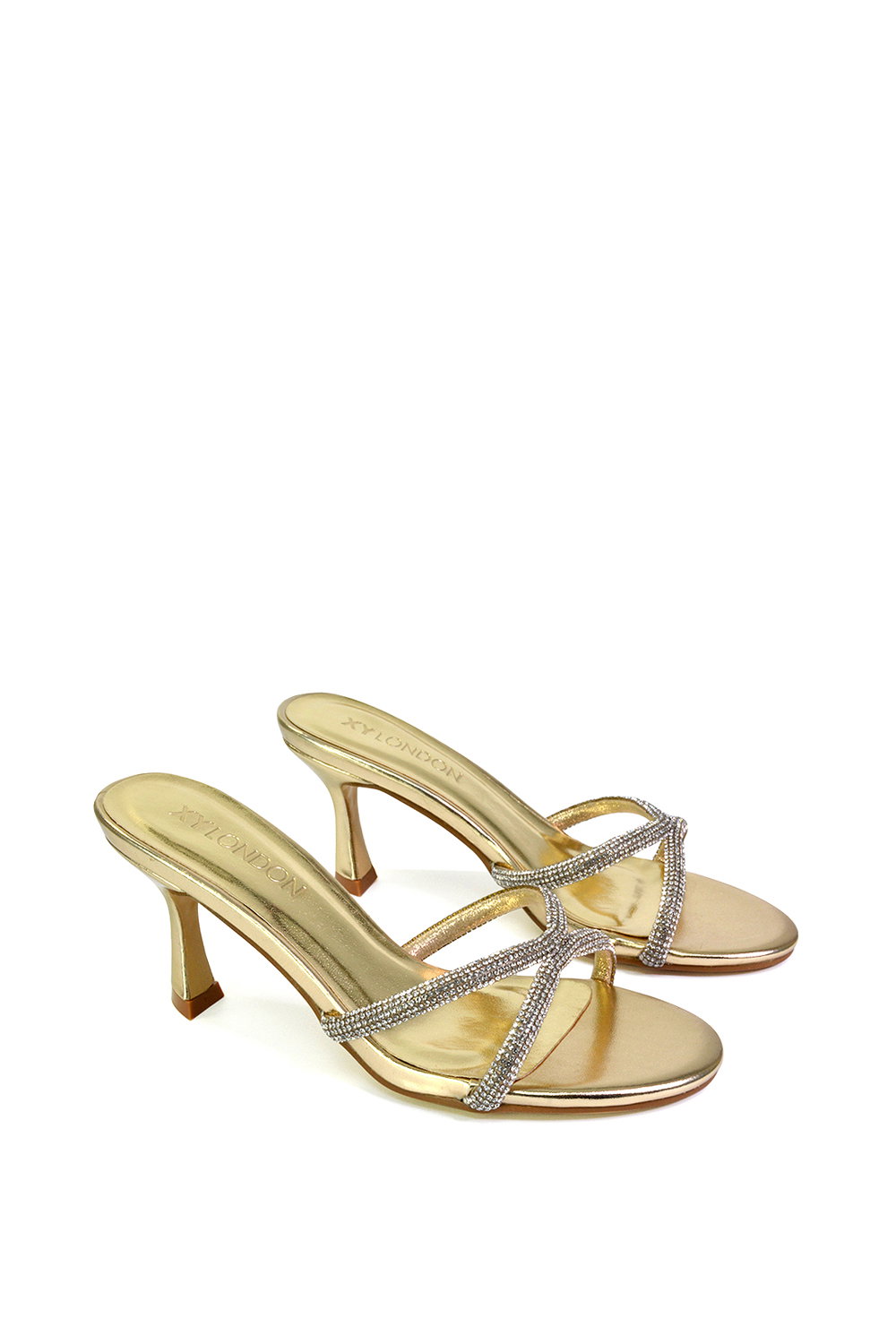 Gold XY LONDON Gold 'Abby' Strappy Diamante Stiletto Heel Sandal Mules, Image 5 of 5