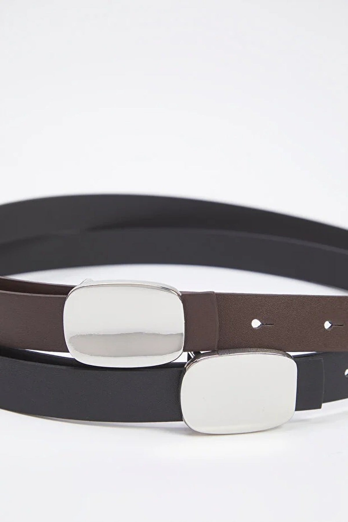 Multi Double Pack Silver Oval Plaque Buckle Slim Faux Leather Belt, Image 1 of 2