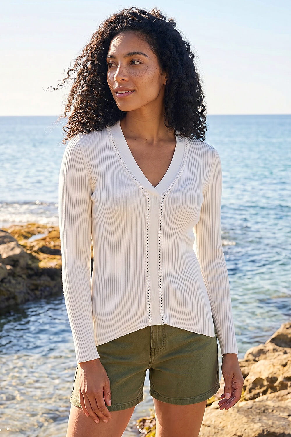 Ivory  Ribbed V-Neck Cable Knit Jumper, Image 3 of 4