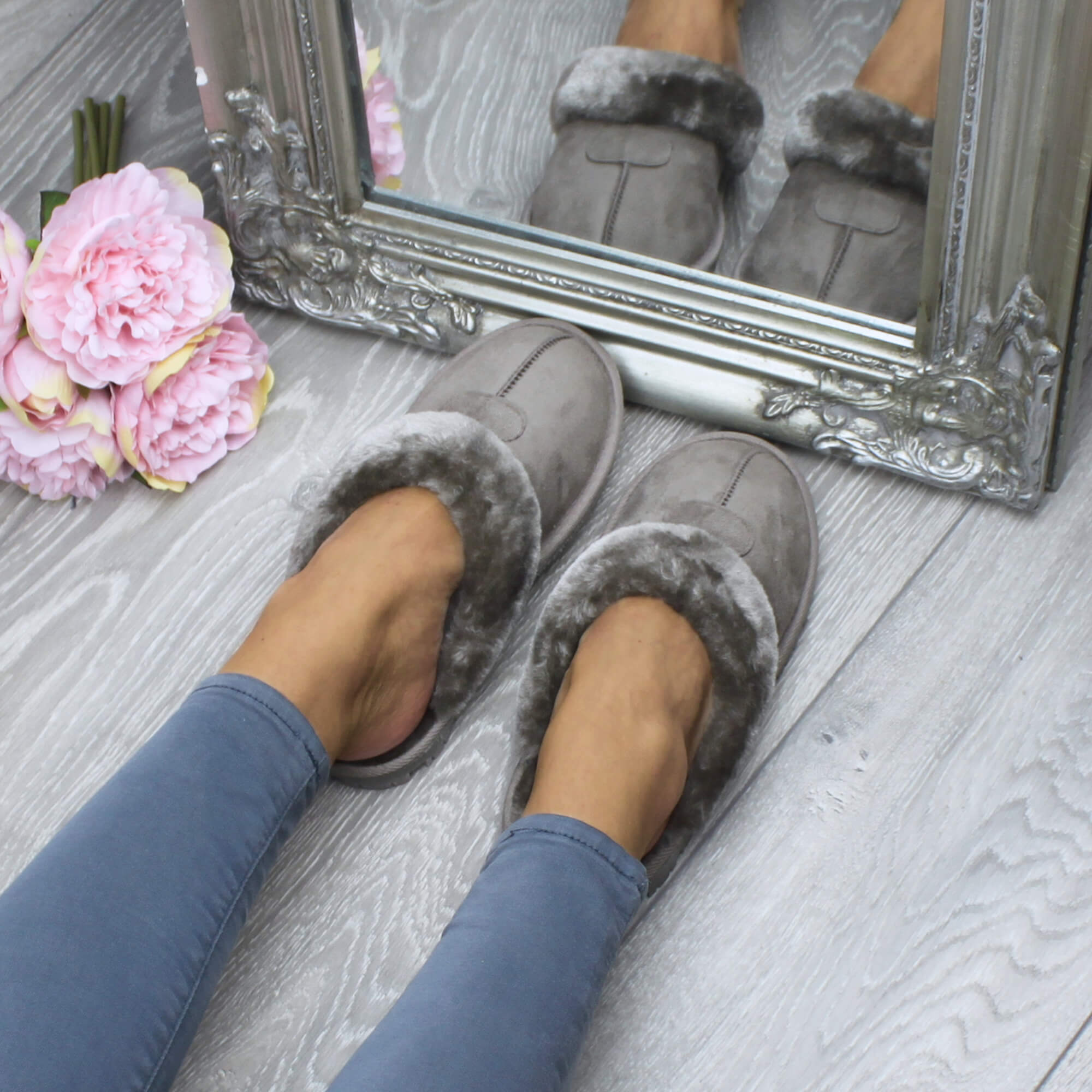 Mocha Faux Fur Lined Slip On Memory Foam Mules Slippers, Image 4 of 5