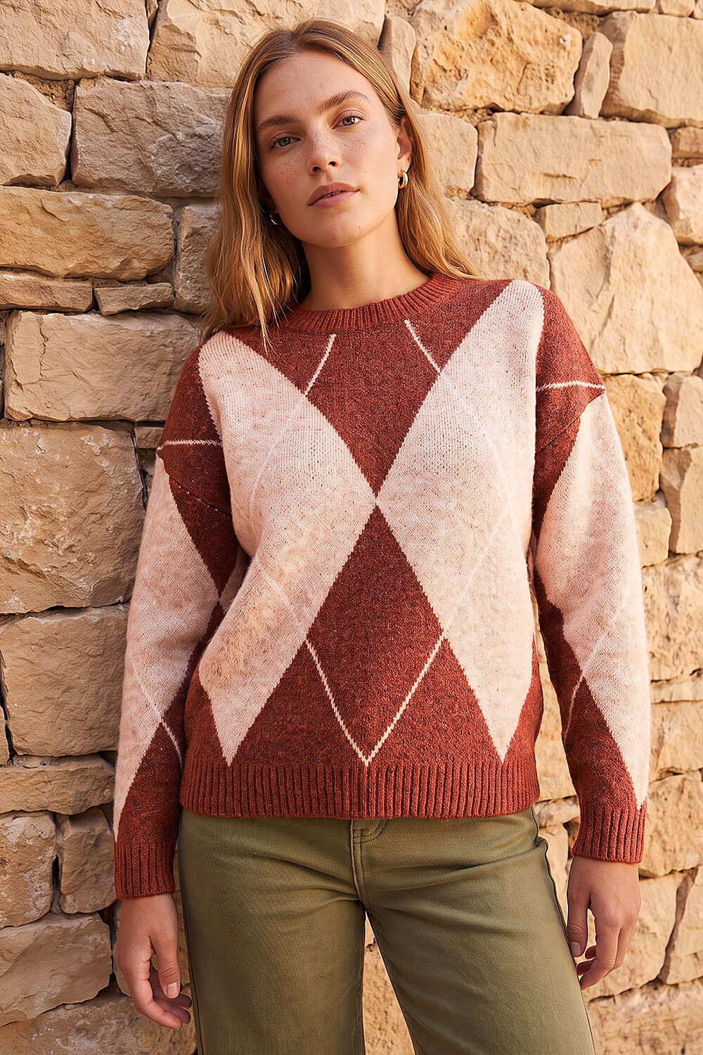 Roman Women's Rust Argyle Knit Jumper Size 16