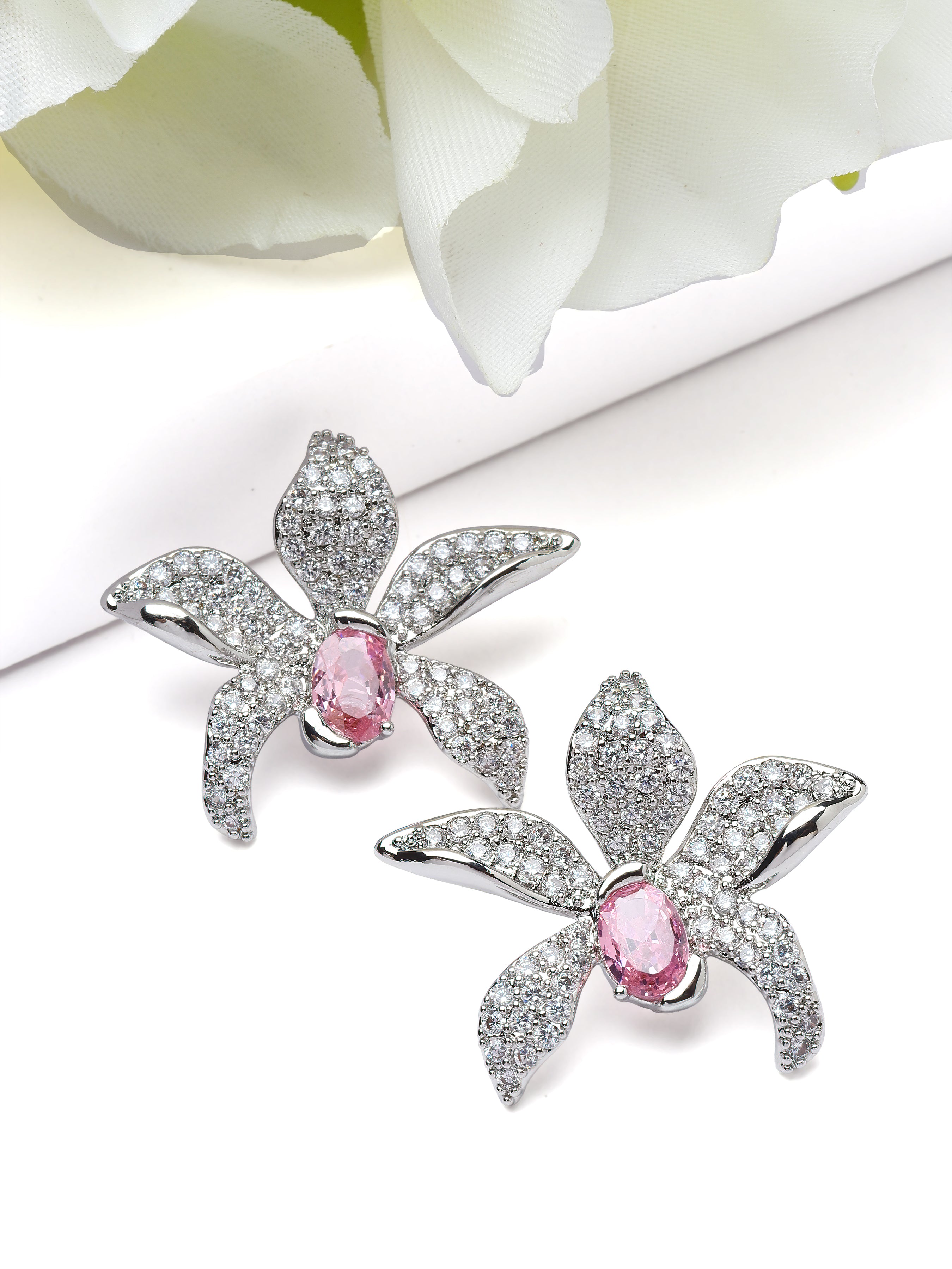 Silver Floral Crystal Stud Earrings, Image 3 of 3