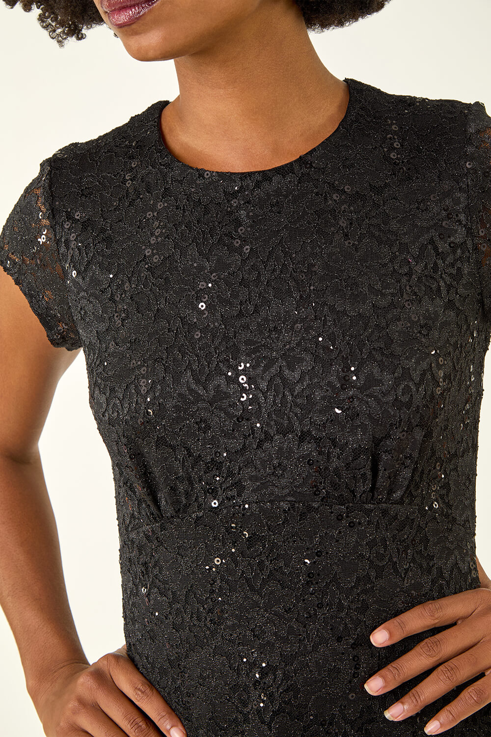 Black Sequin Fluted Hem Lace Stretch Dress, Image 7 of 6