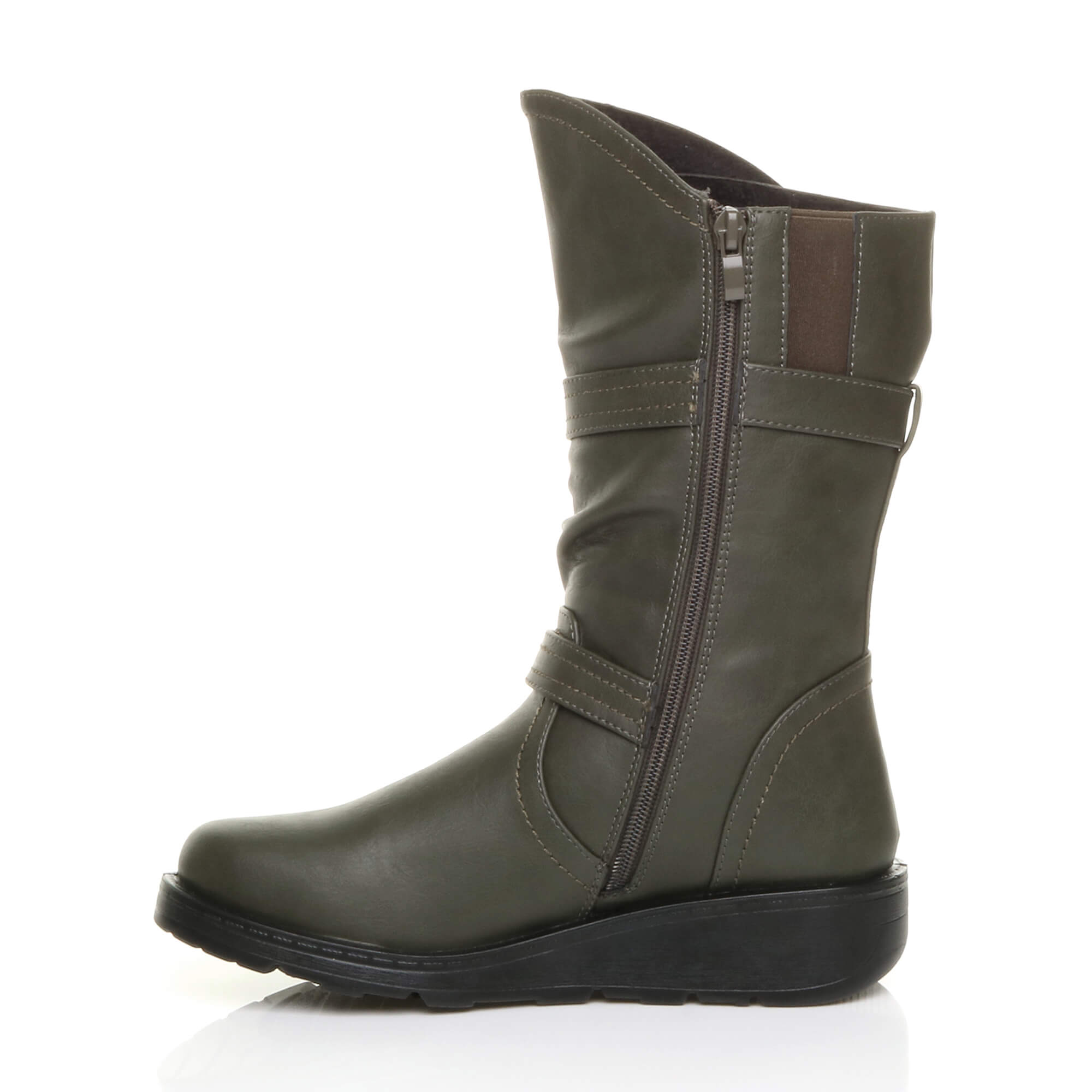Khaki Low Wedge Heel Comfort Calf Biker Boots, Image 3 of 6