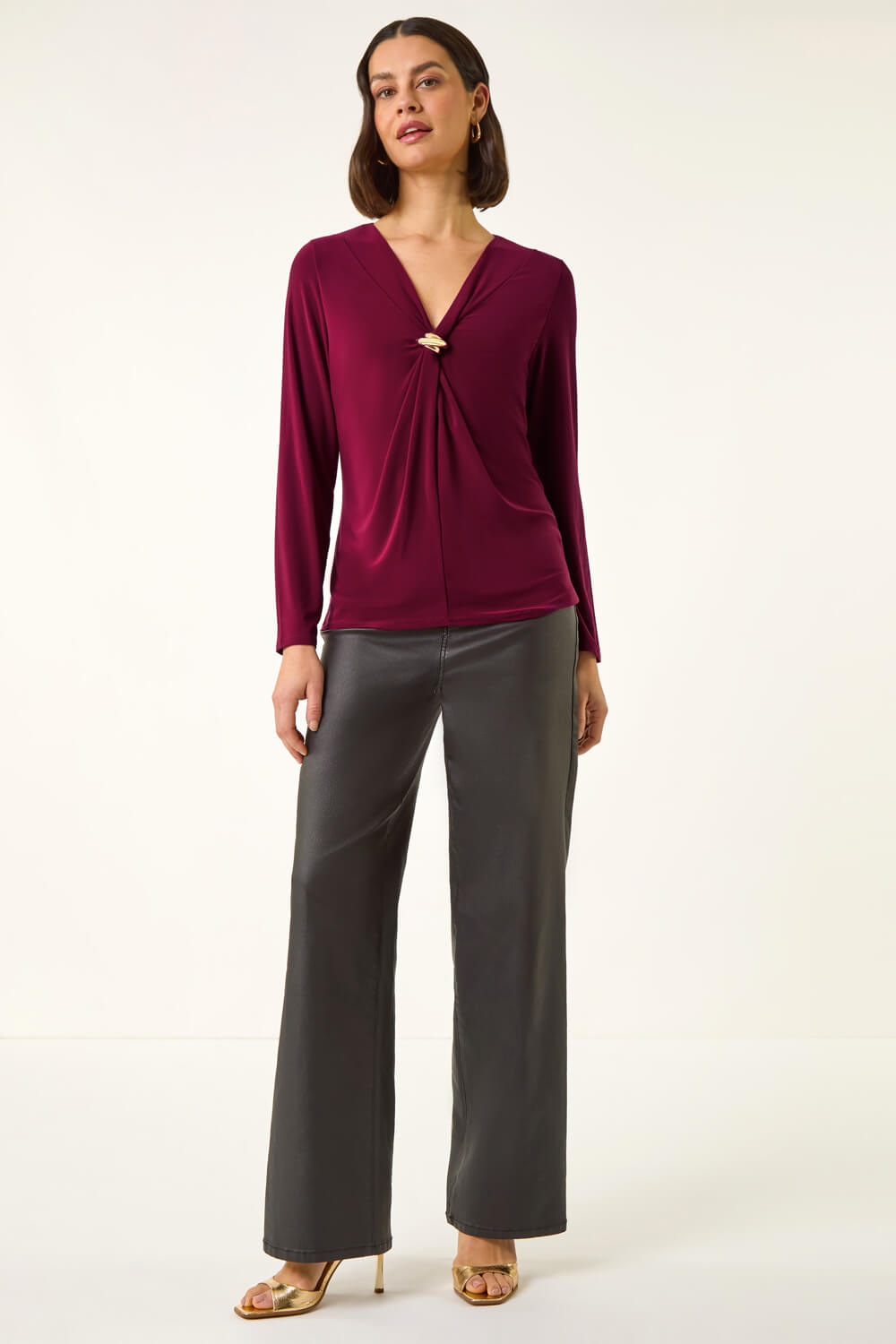 Wine V-Neck Metal Trim Stretch Top, Image 3 of 5