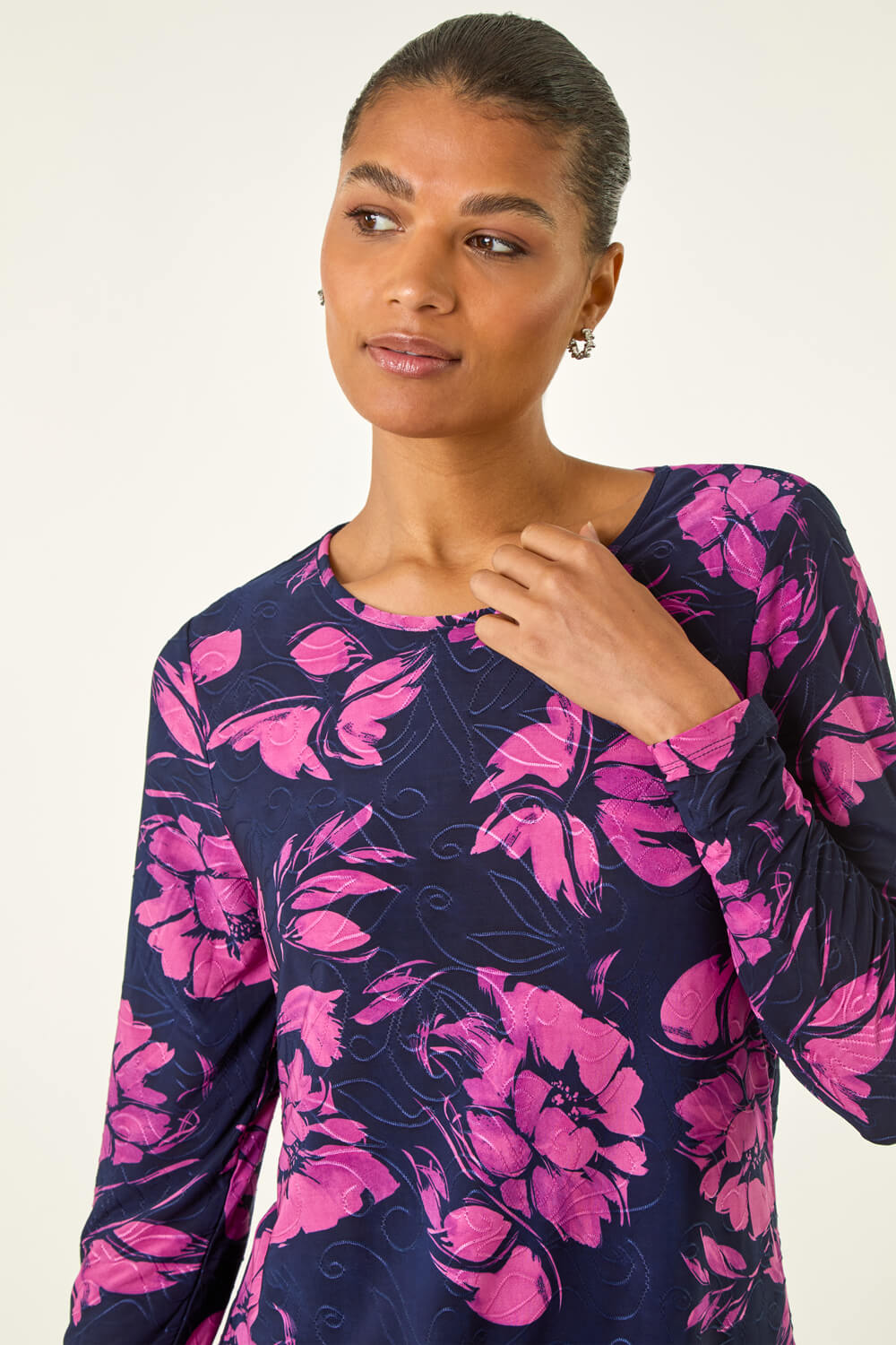 PINK Floral Jacquard Chiffon Hem Top, Image 5 of 5