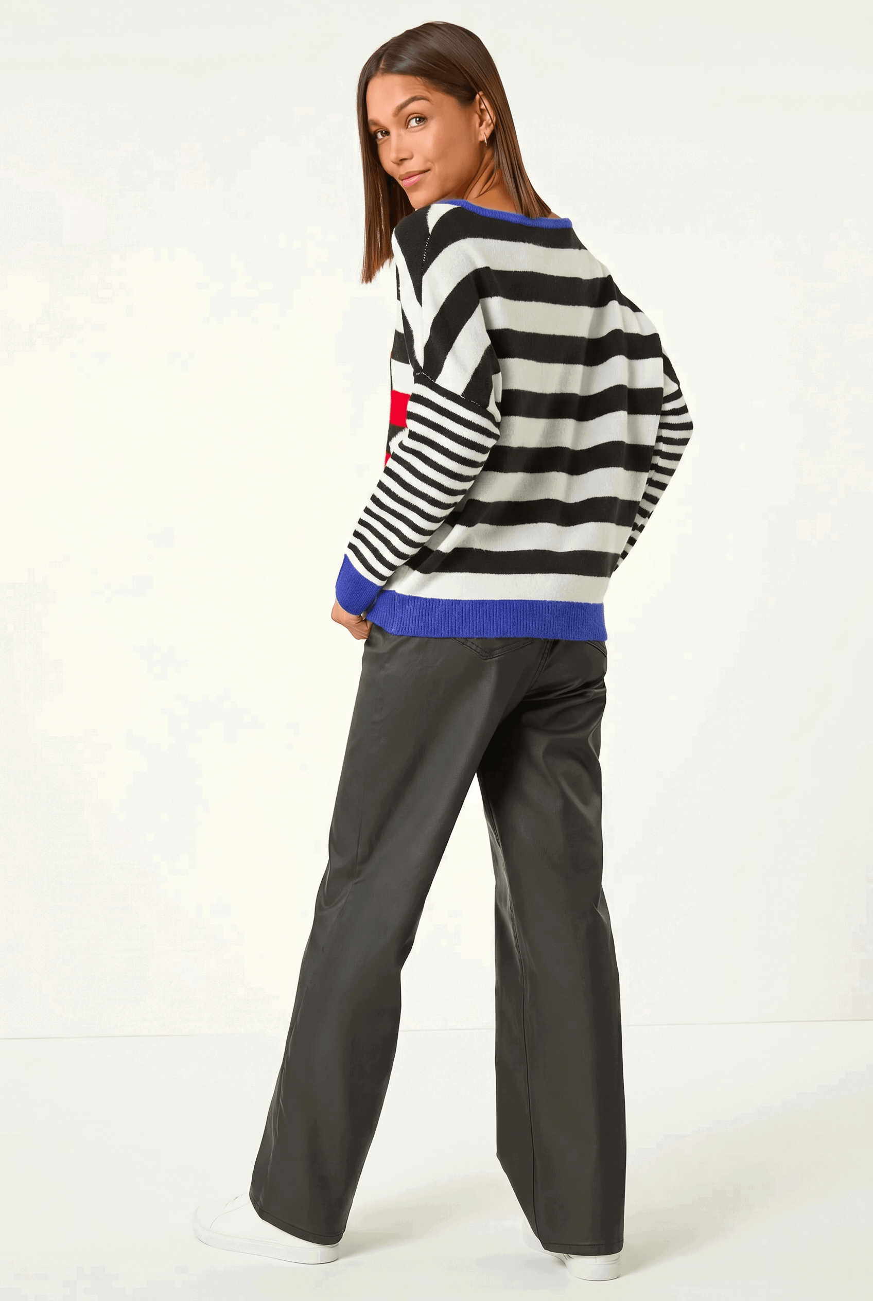 Roman Women's Black Star Striped Colour Block Knit Jumper Size 18