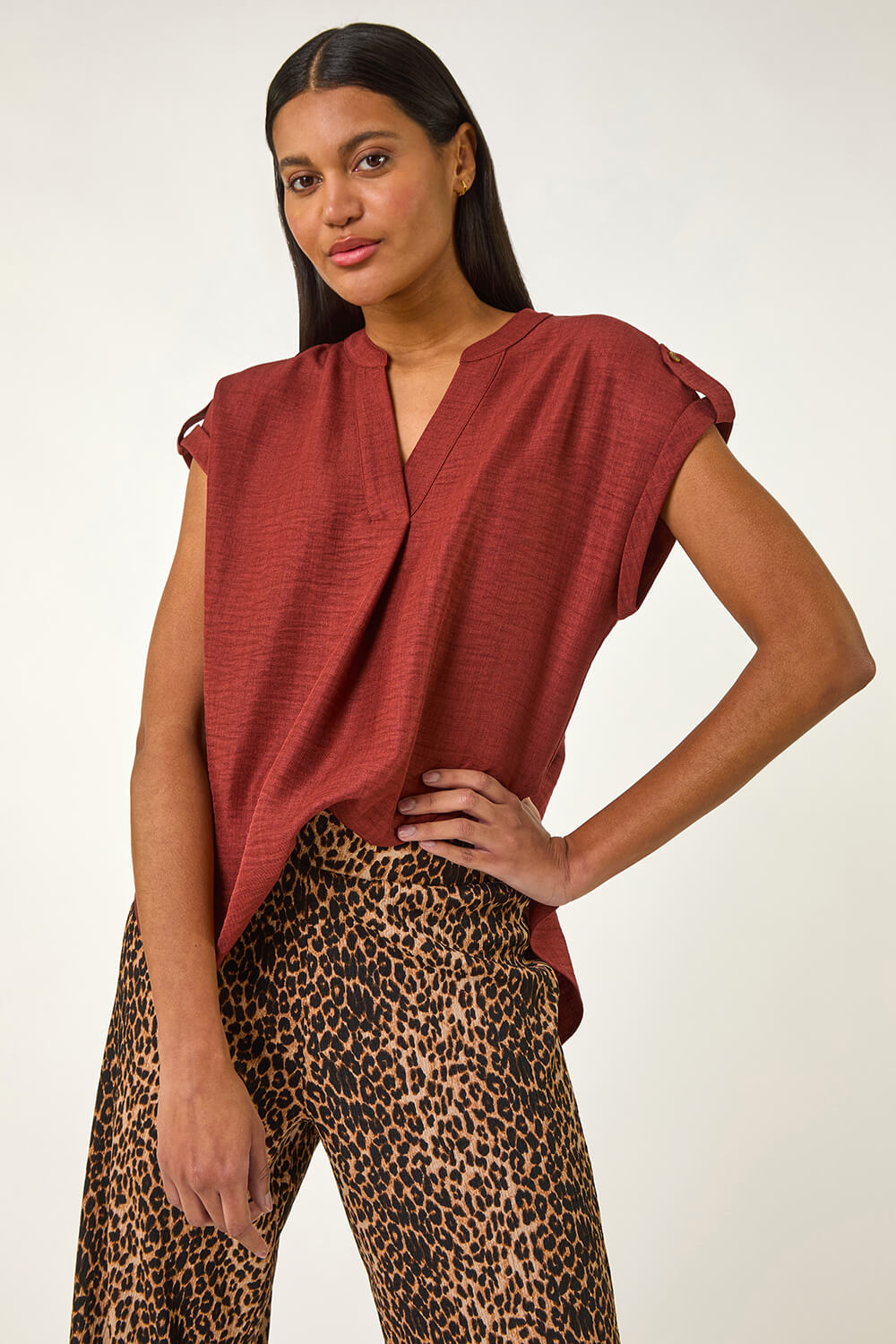 Chocolate Pleated Notch Neck Top, Image 1 of 5