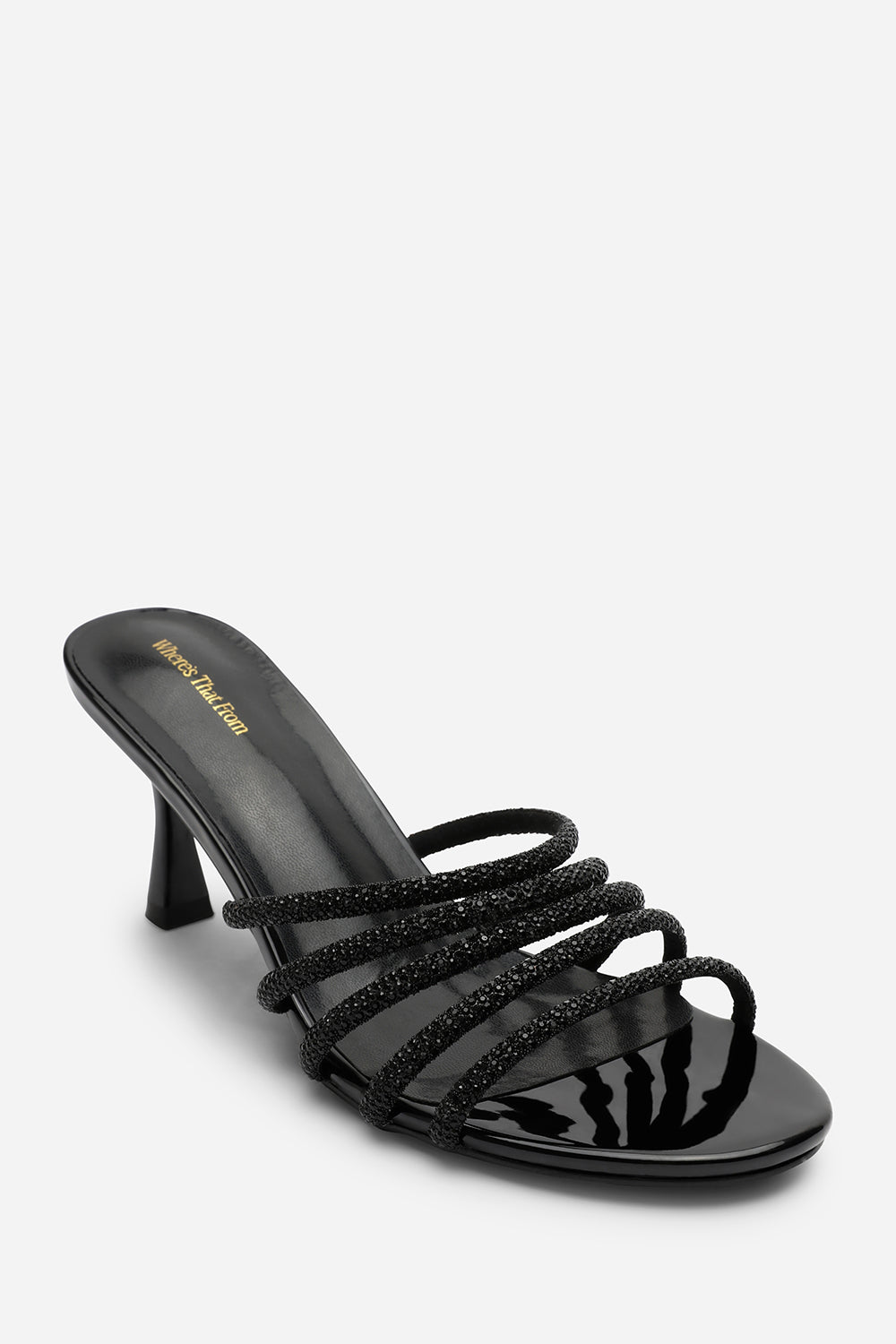 Black 'Ulani' Diamante Strappy Low Heeled Mules, Image 3 of 6