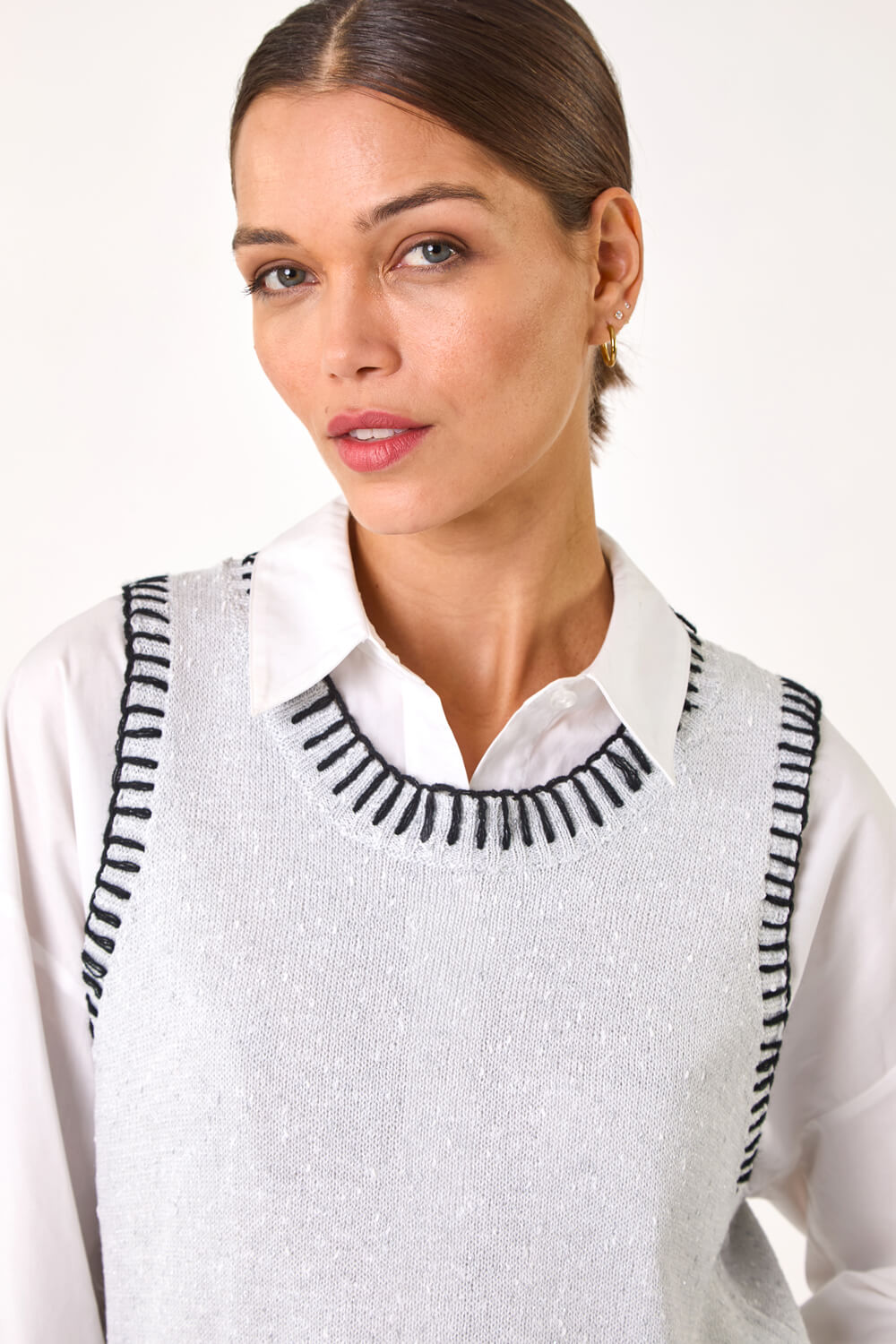 Grey Contrast Stitch Knit Top, Image 5 of 5