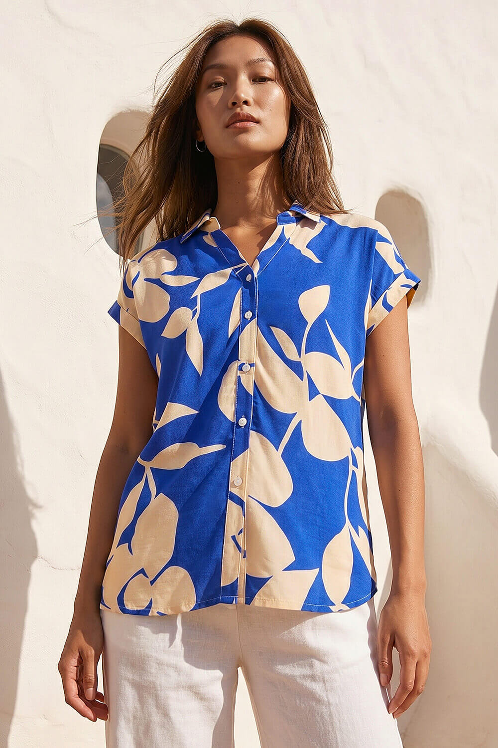 Royal Blue Floral Mono Print V-Neck Shirt, Image 3 of 4