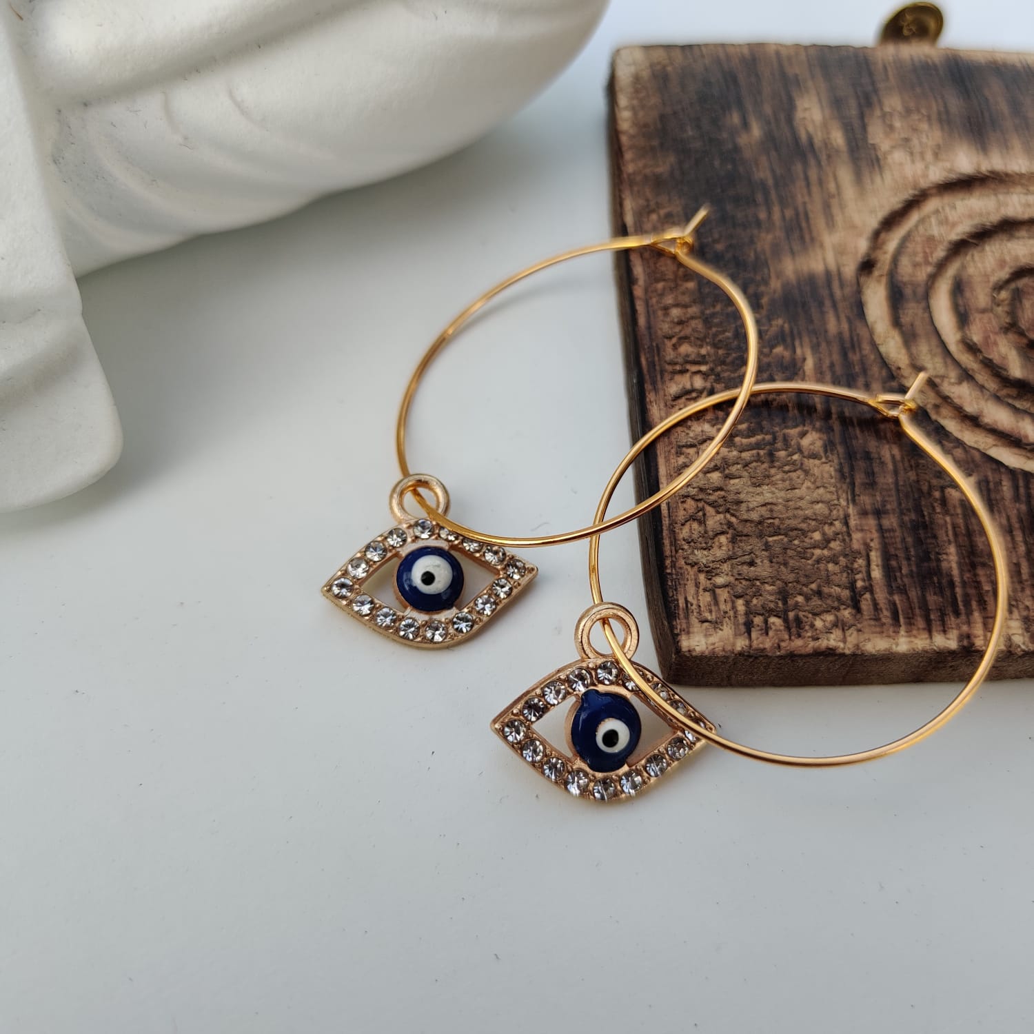 Gold Large Evil Eye Zircon Dangle Hoop Earrings, Image 4 of 7