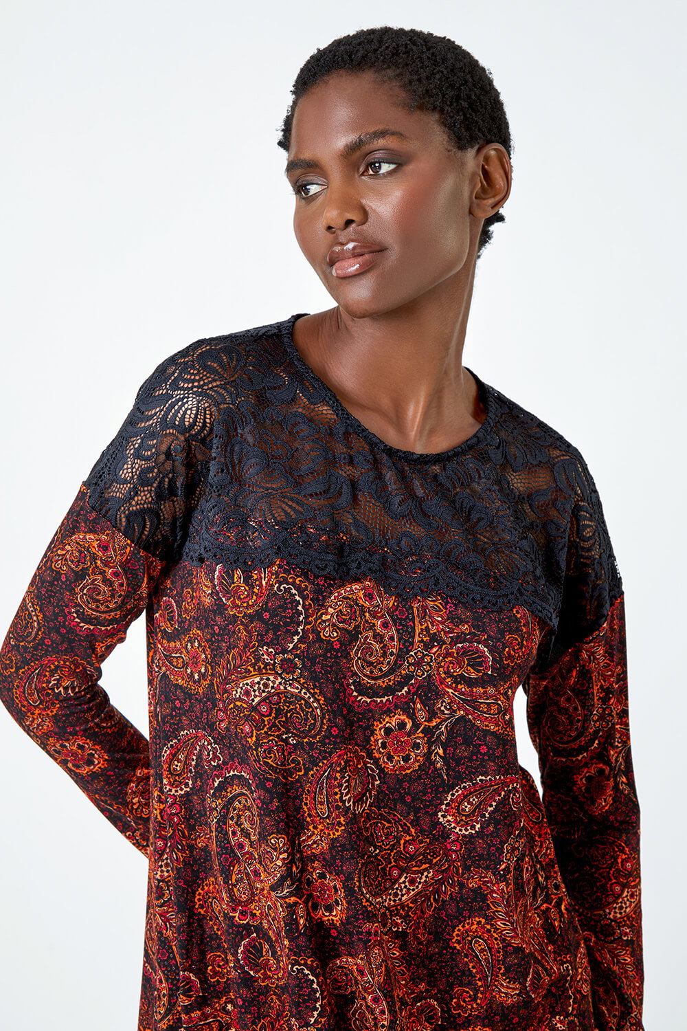 Red Lace Detail Paisley Print Stretch Top , Image 5 of 5