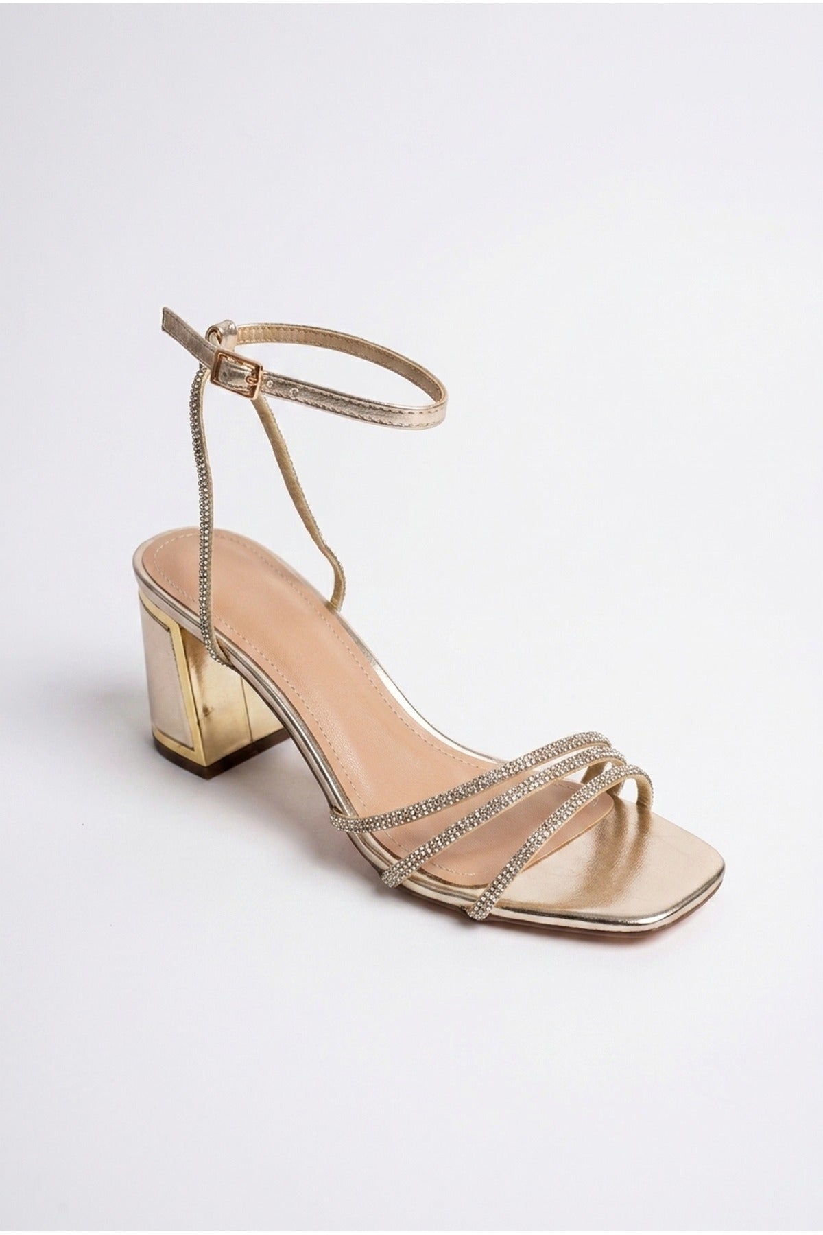 Gold iKrush Gold Cordelia Rhinestone Strap Block Heel Sandals, Image 2 of 5