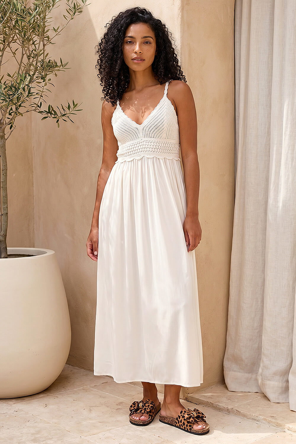 White Crochet Strappy Midi Dress, Image 1 of 4
