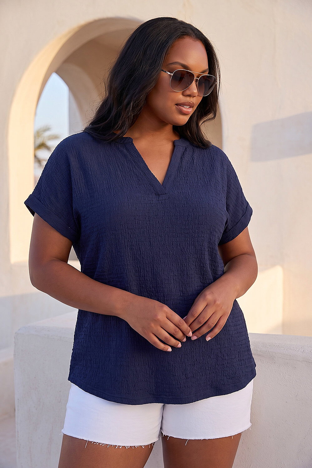 Navy Curve Textured Notch Neck Top, Image 1 of 4