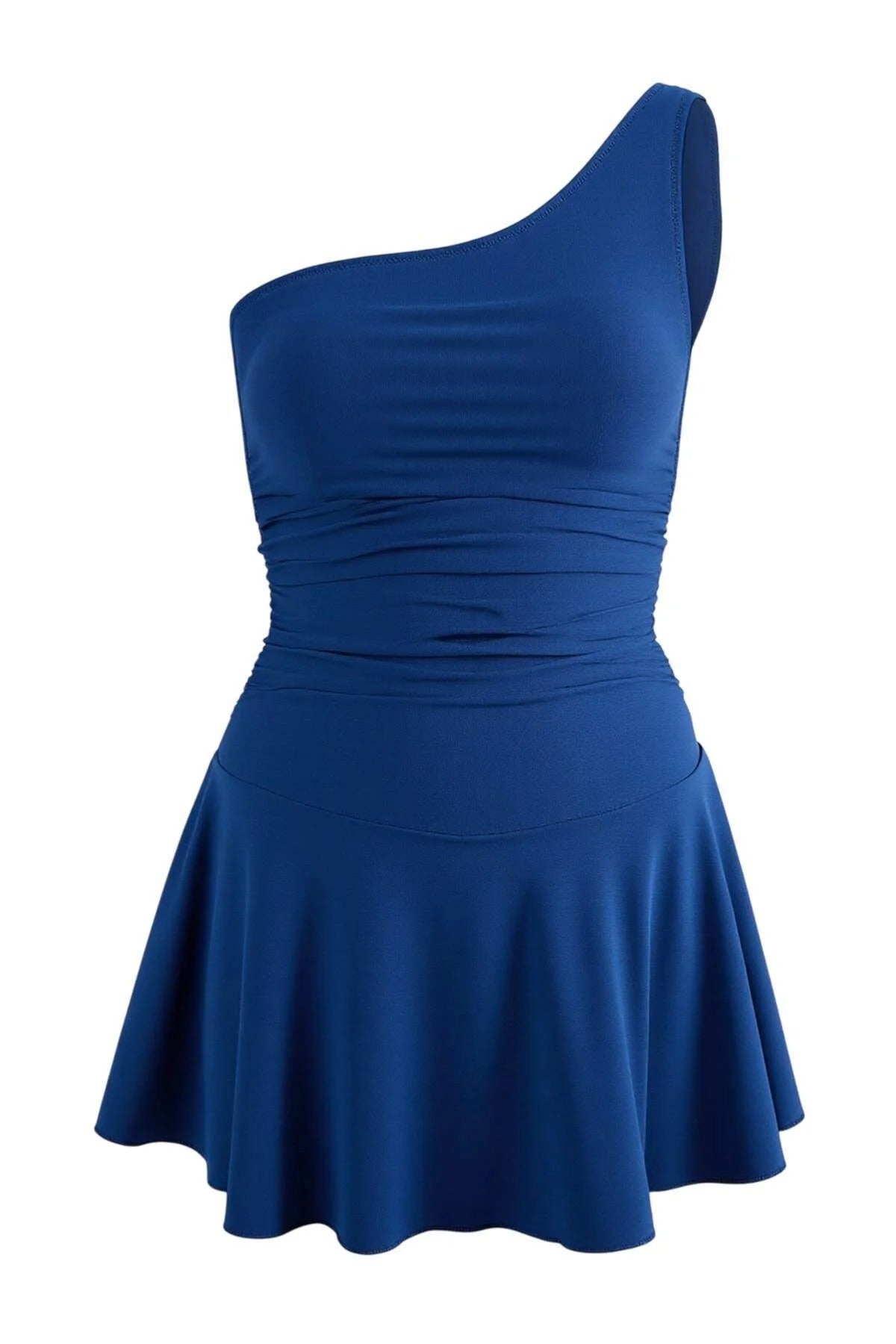 Navy WOVCOR Navy Asymmetric One Shoulder Ruched Swimsuit with Skort Detail, Image 1 of 3