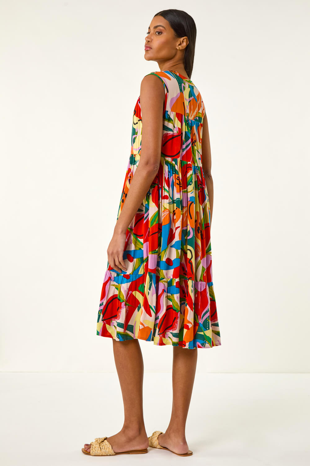 Abstract Print Button Front Midi Dress