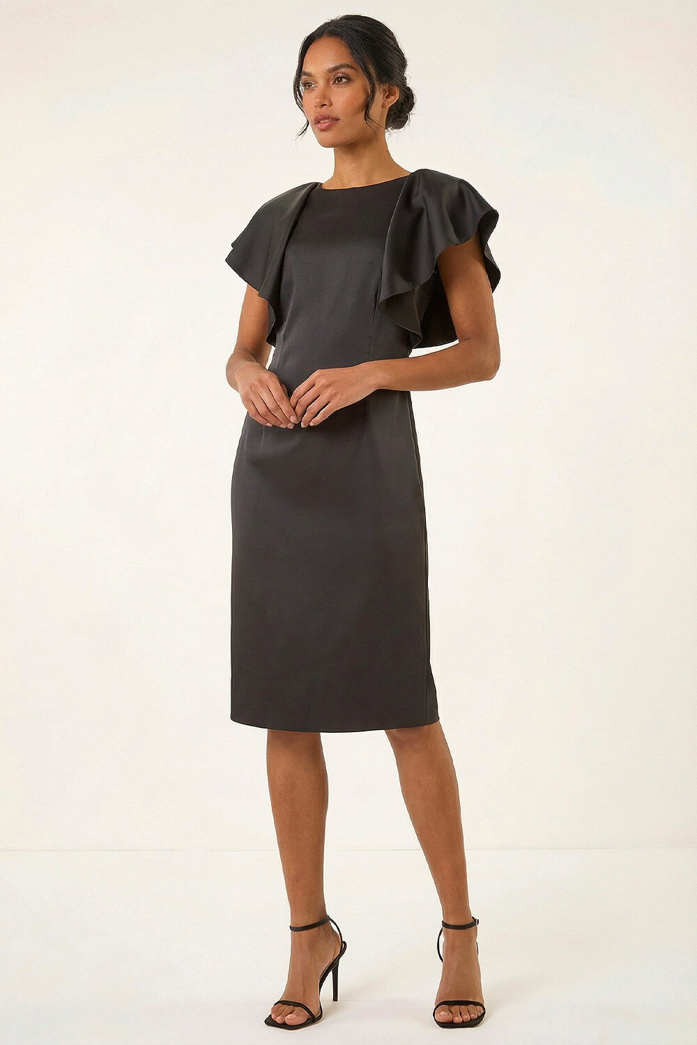 Black Satin Ruffle Sleeve Dress, Image 3 of 6
