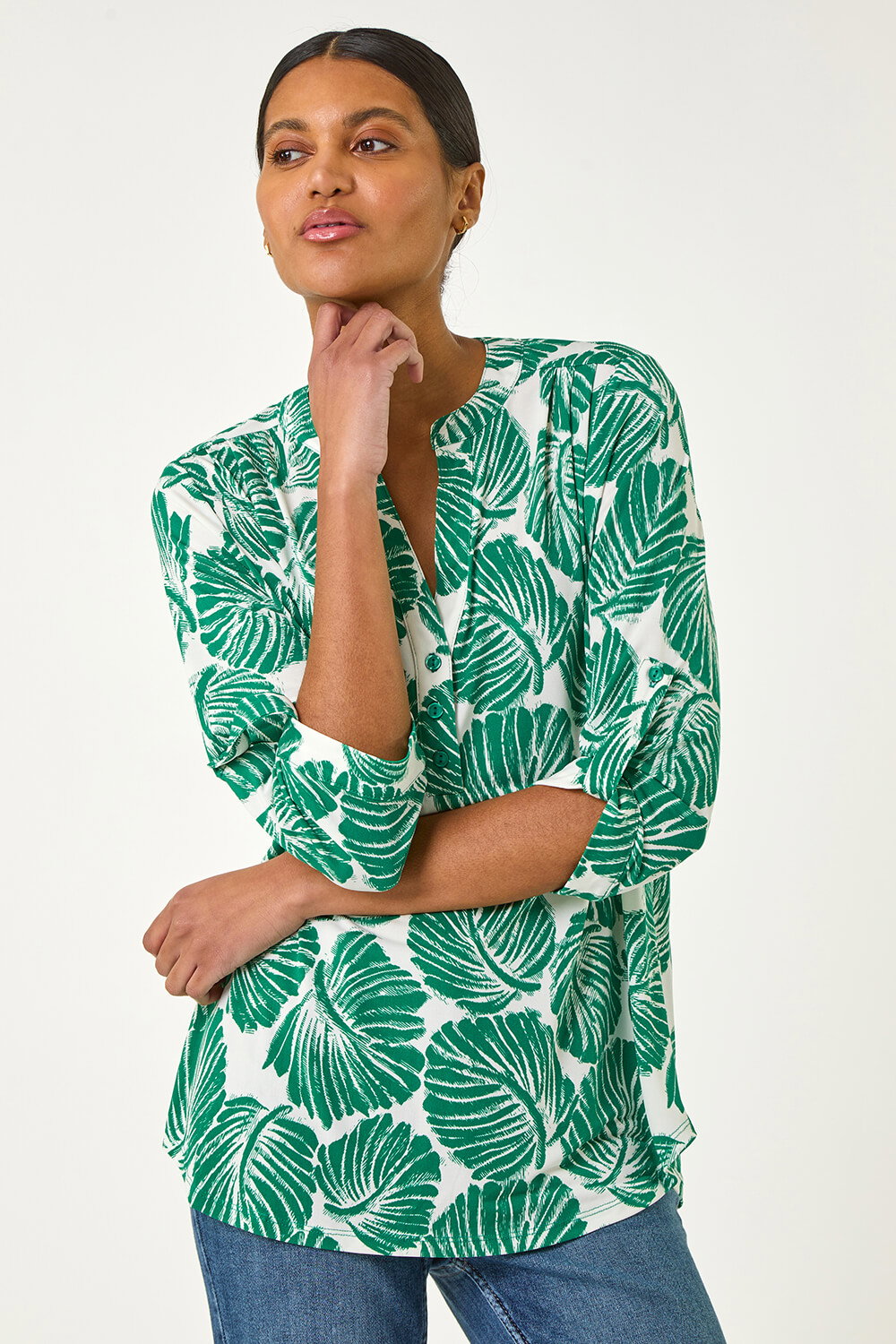 Roman Women's Green Leaf Print Shoulder Pleat Shirt Size 18